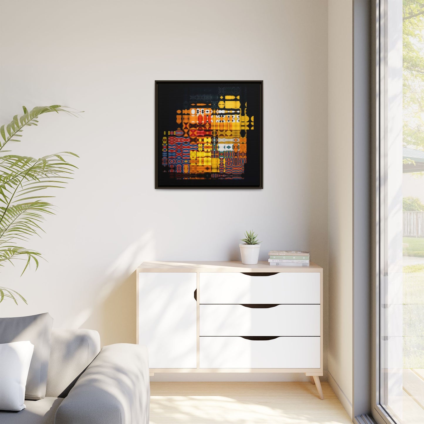 Iconic Domestic Partners in Plain Sight: Bert, Ernie, and Rubber Ducky Abstract Portrait Collage Art — Matte Canvas, Framed (Multi-color options)