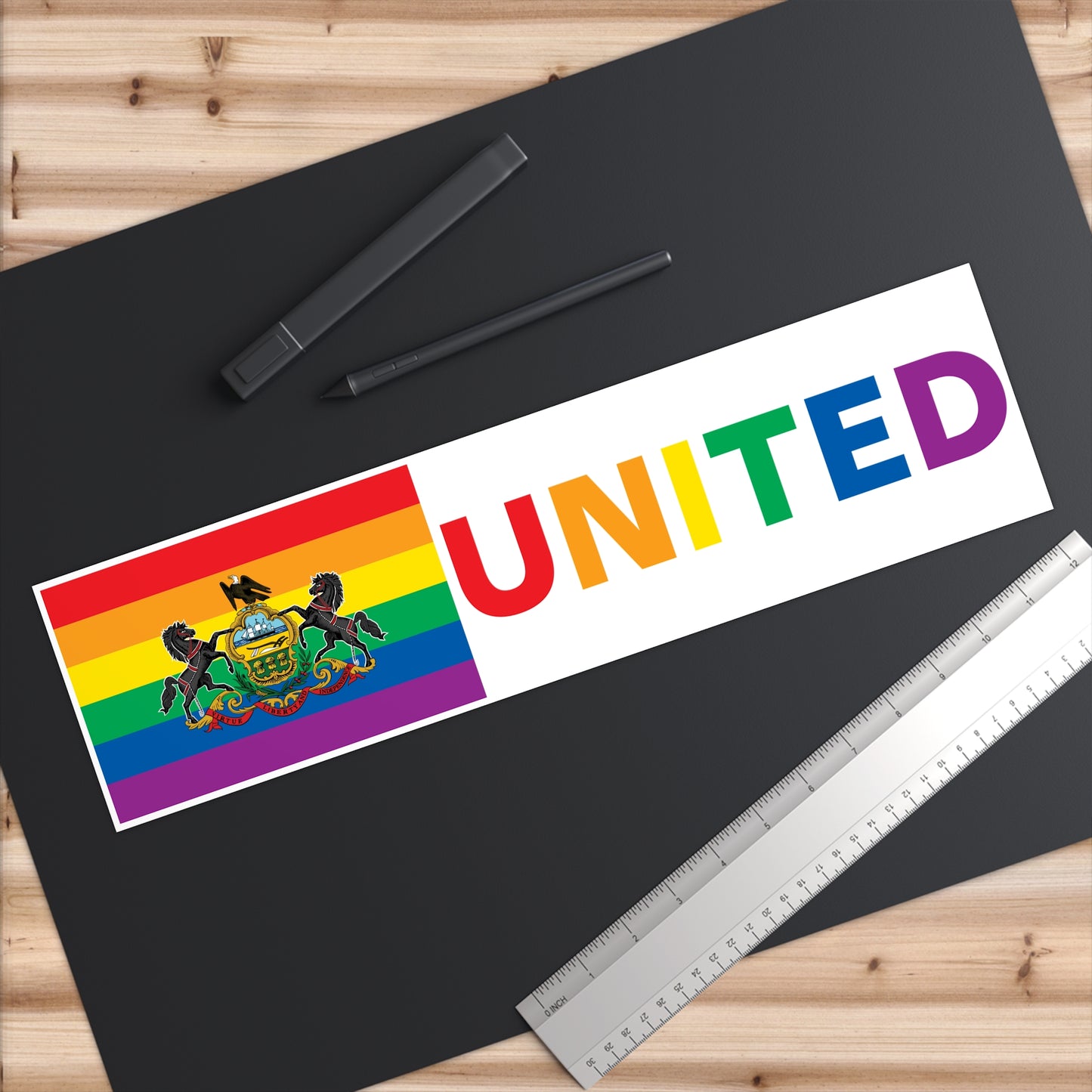 Pennsylvania Rainbow Pride Flag "UNITED" Bumper Sticker