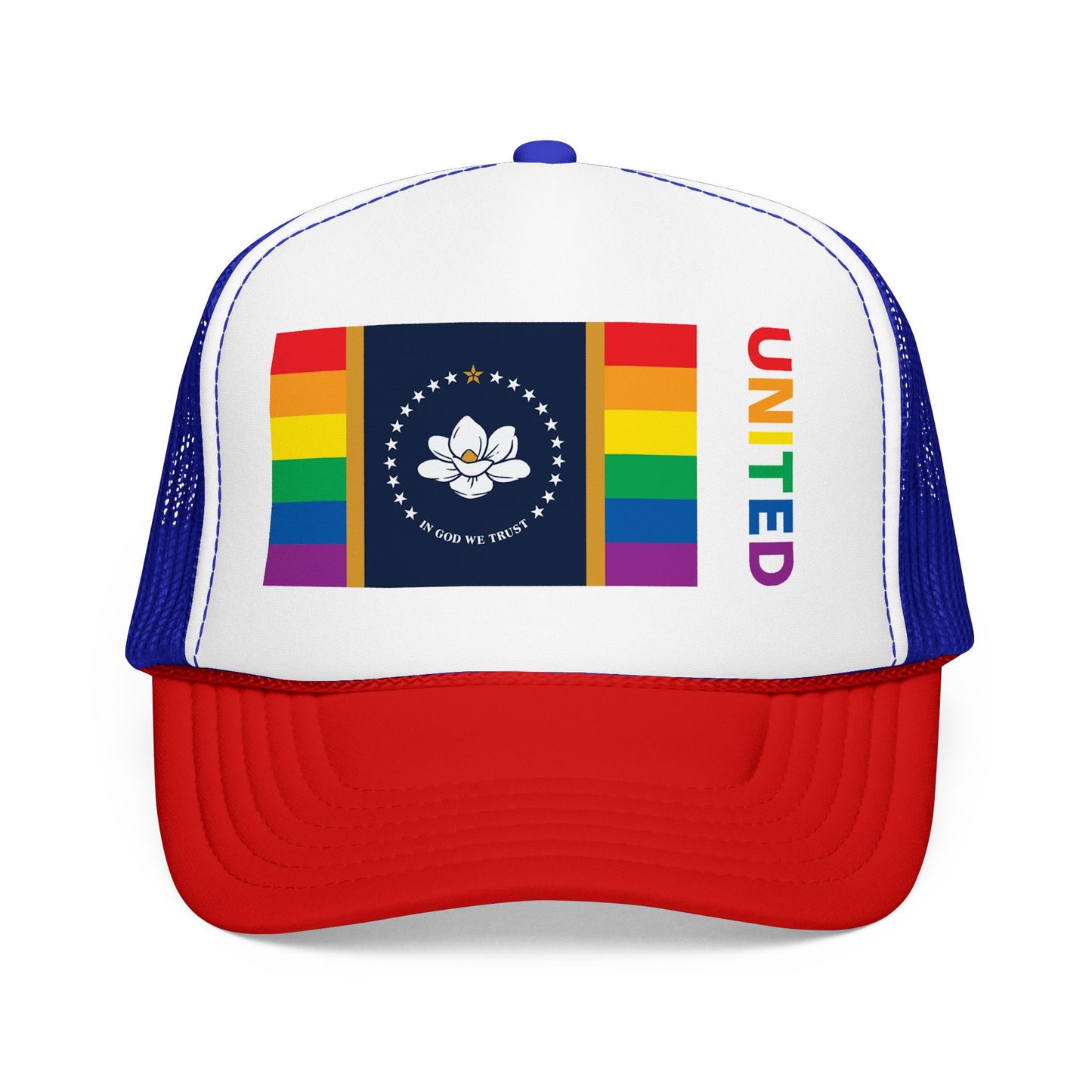 Mississippi Rainbow Pride Flag "UNITED" Printed Foam Trucker Hat, Several Color Options