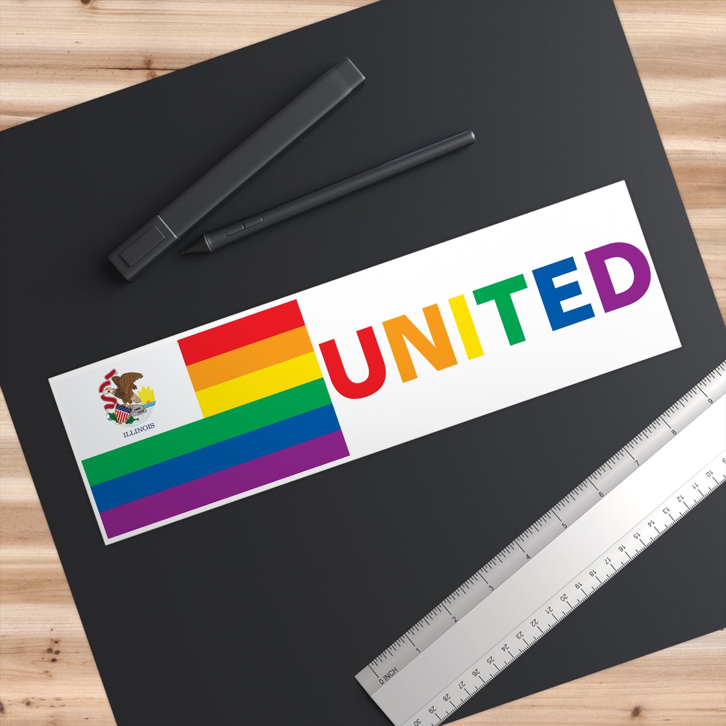 Illinois Rainbow Pride Flag "UNITED" Bumper Sticker