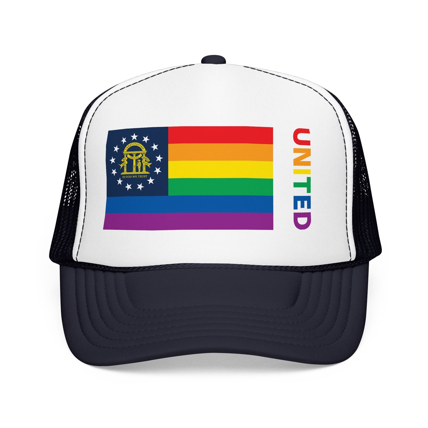 Georgia Rainbow Pride Flag "UNITED" Printed Foam Trucker Hat, Several Color Options