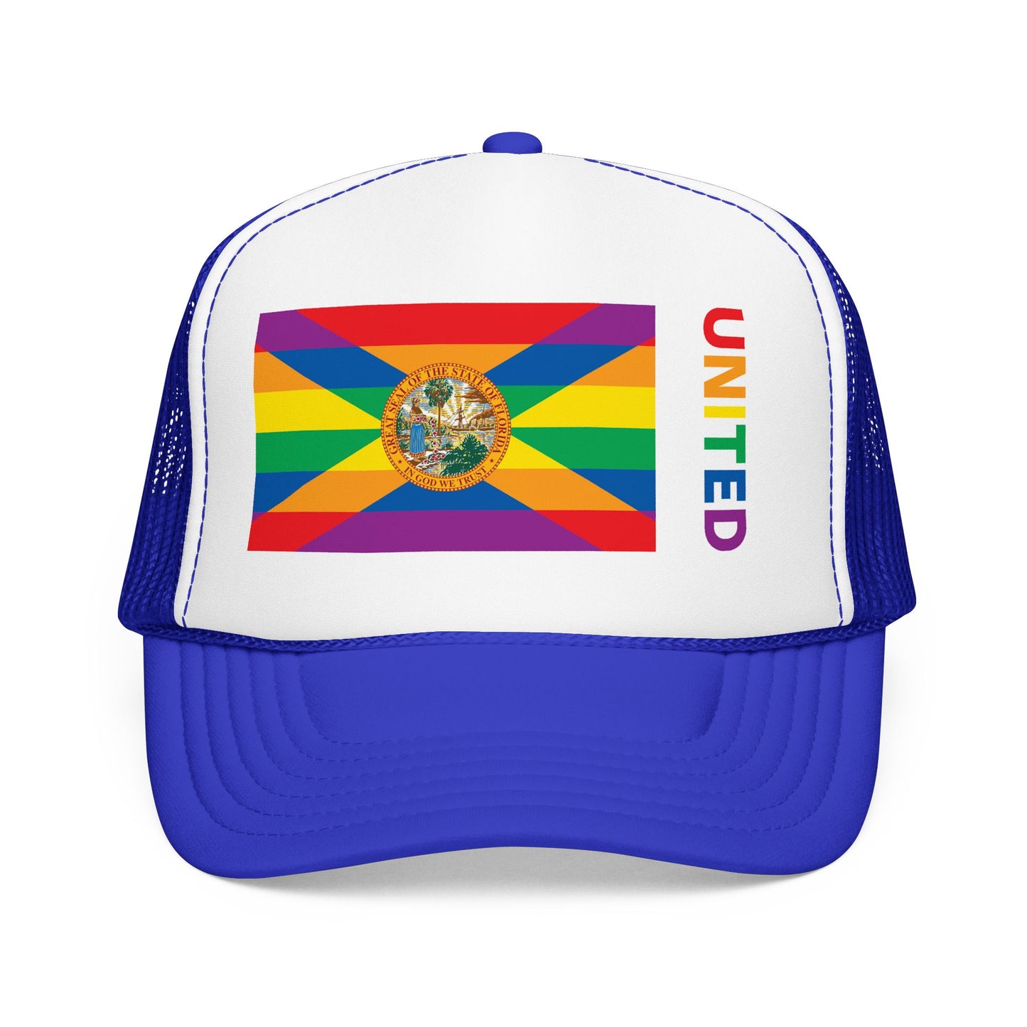 Florida Rainbow Pride Flag "UNITED" Printed Foam Trucker Hat, Several Color Options
