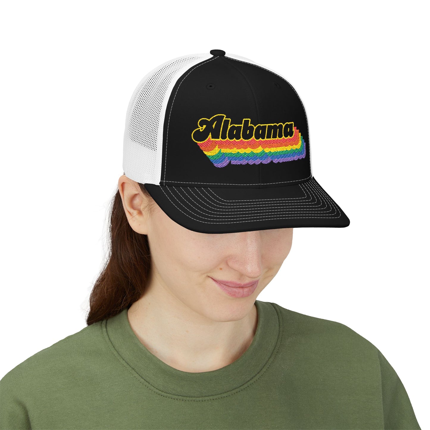 Alabama Retro Rainbow Stack Embroidered Trucker, Snapback Trucker Cap, Black front with White mesh in back