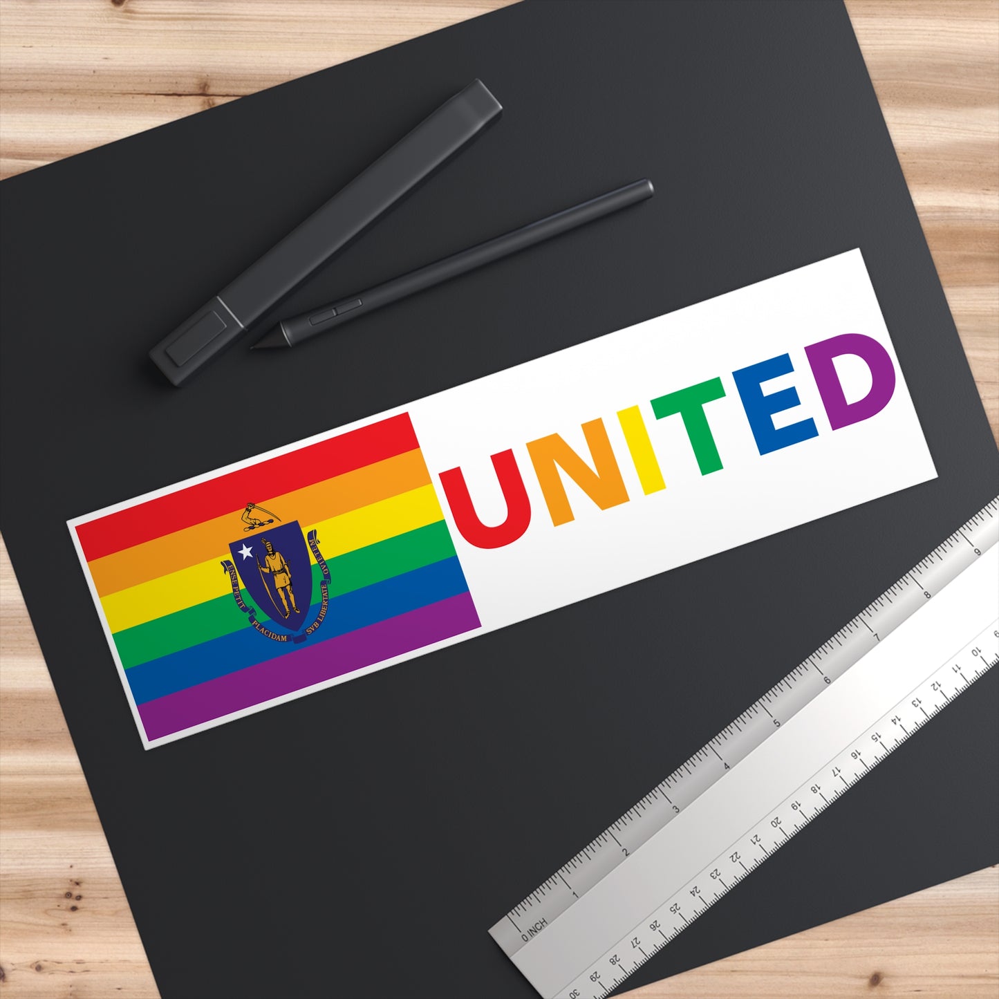 Massachusetts Rainbow Pride Flag "UNITED" Bumper Sticker