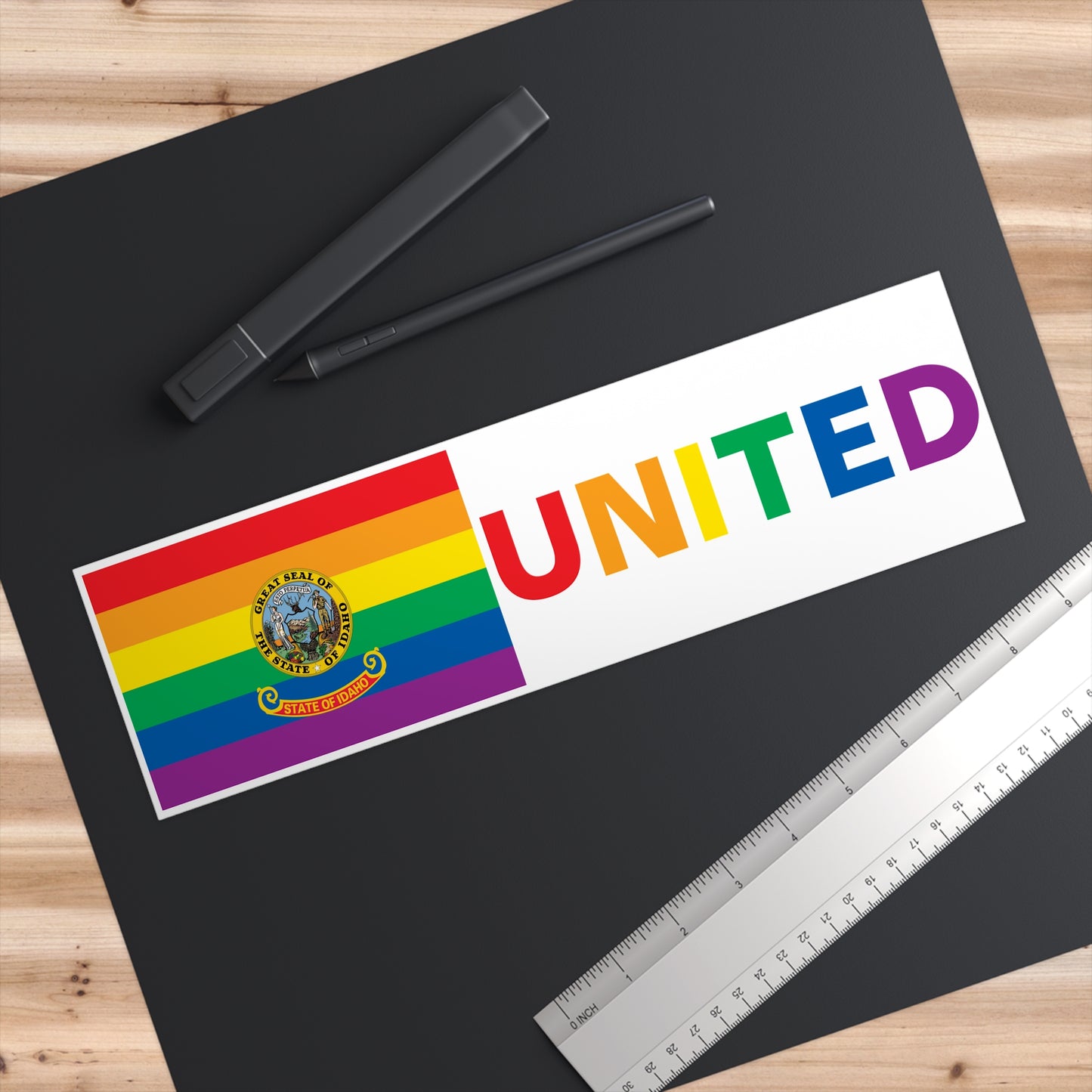 Idaho Rainbow Pride Flag "UNITED" Bumper Sticker