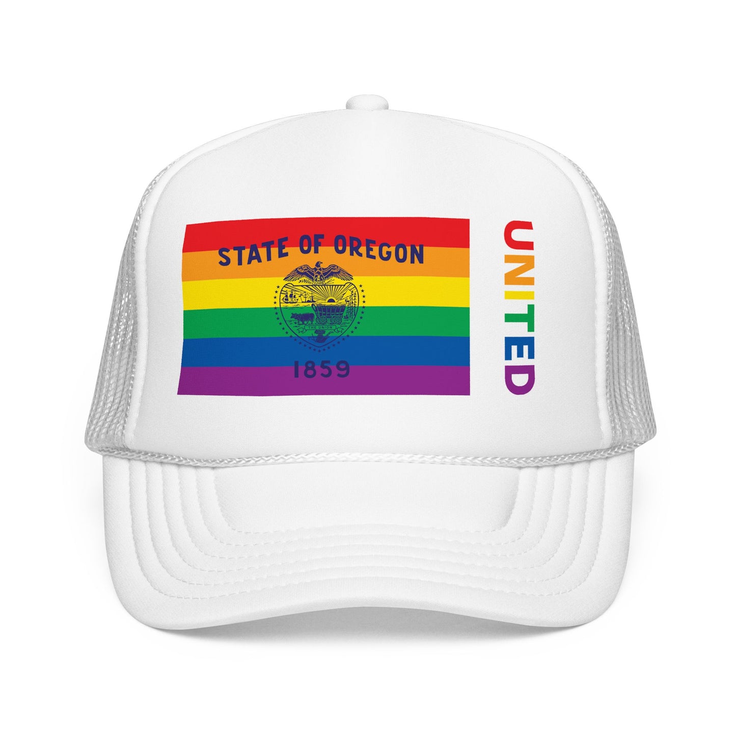 Oregon Rainbow Pride Flag "UNITED" Printed Foam Trucker Hat, Several Color Options