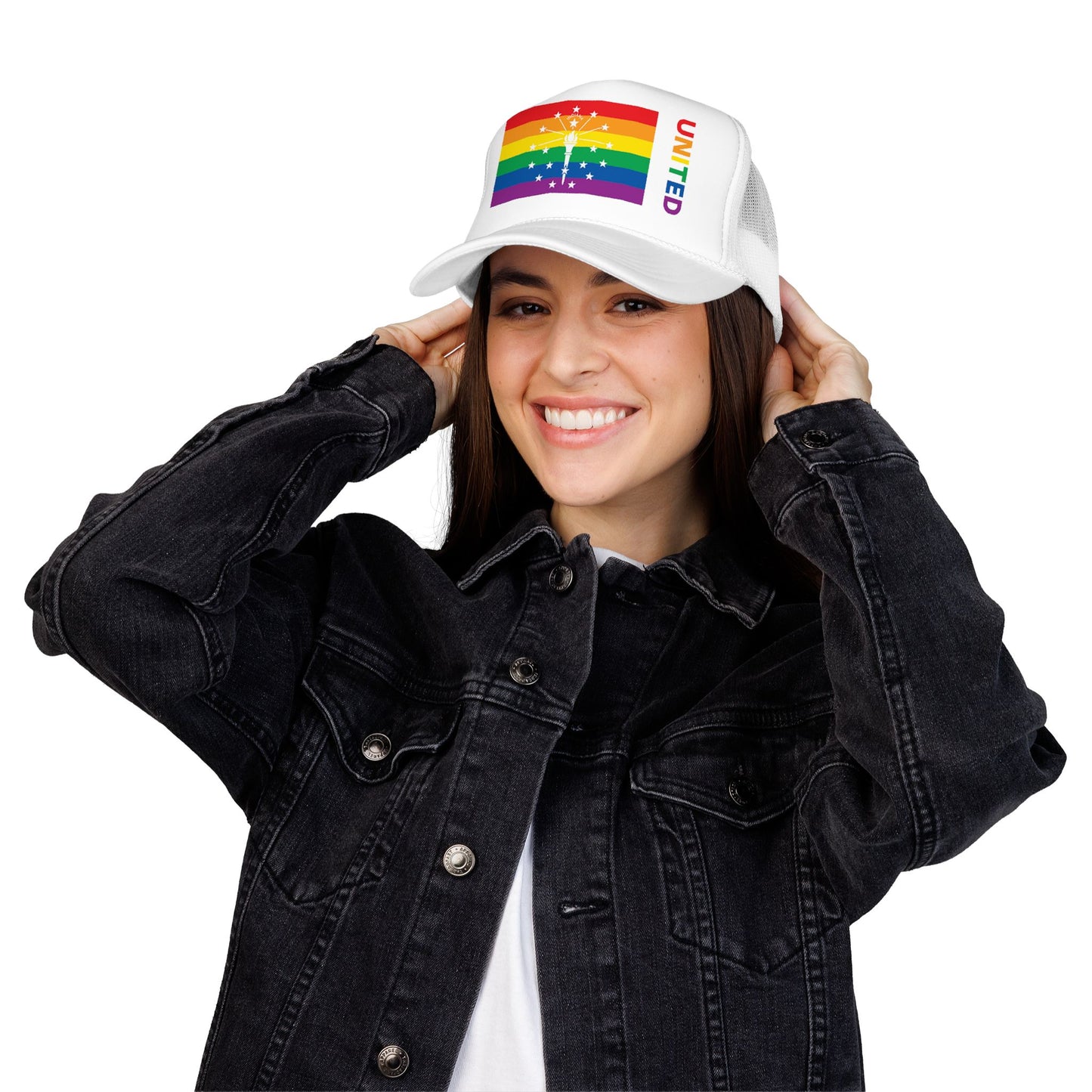 Indiana Rainbow Pride Flag "UNITED" Printed Foam Trucker Hat, Several Color Options