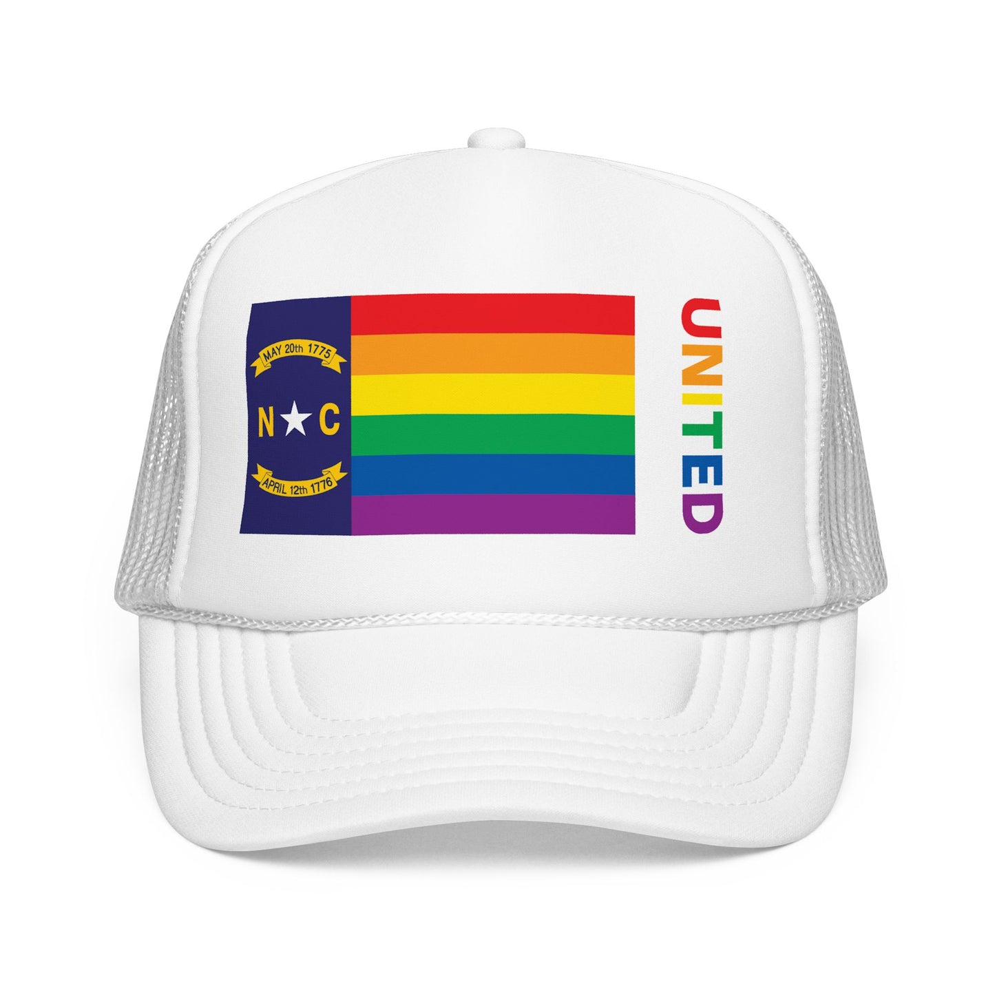 North Carolina Rainbow Pride Flag "UNITED" Printed Foam Trucker Hat, Several Color Options