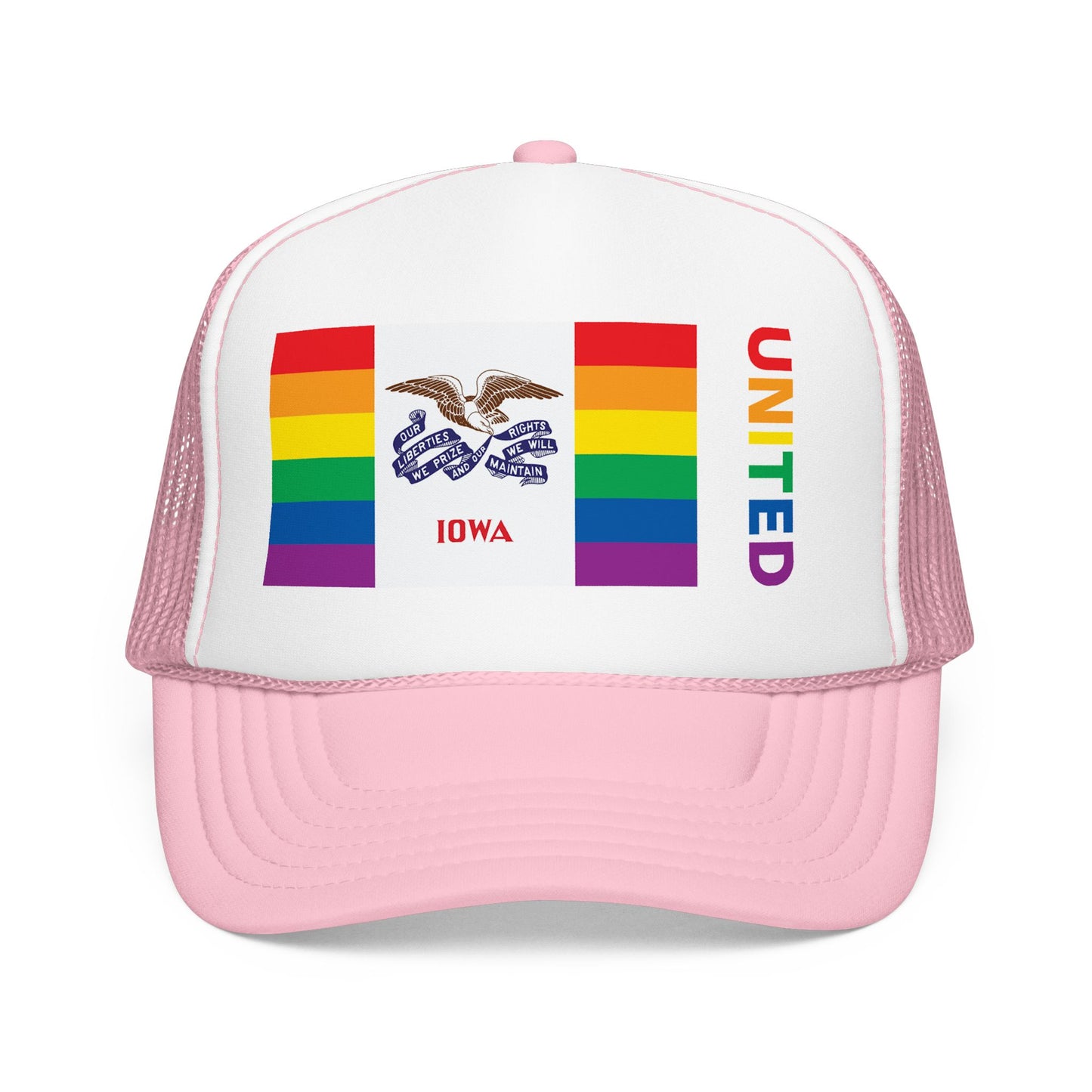 Iowa Rainbow Pride Flag "UNITED" Printed Foam Trucker Hat, Several Color Options