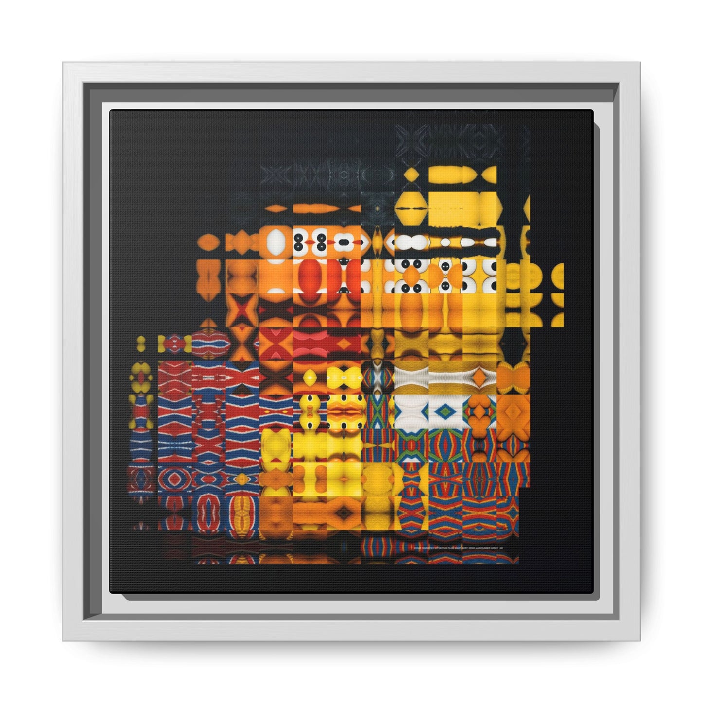 Iconic Domestic Partners in Plain Sight: Bert, Ernie, and Rubber Ducky Abstract Portrait Collage Art — Matte Canvas, Framed (Multi-color options)