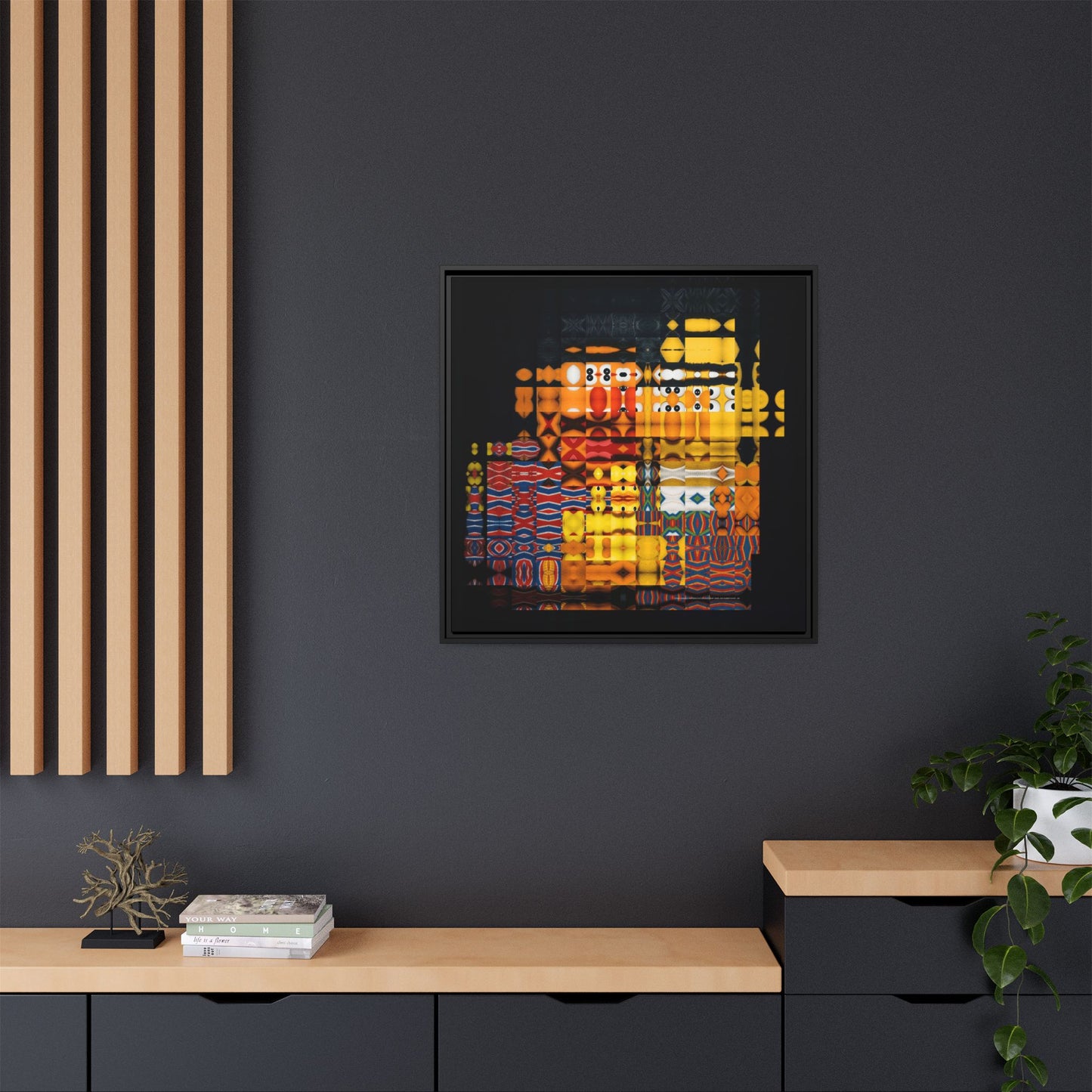 Iconic Domestic Partners in Plain Sight: Bert, Ernie, and Rubber Ducky Abstract Portrait Collage Art — Matte Canvas, Framed (Multi-color options)