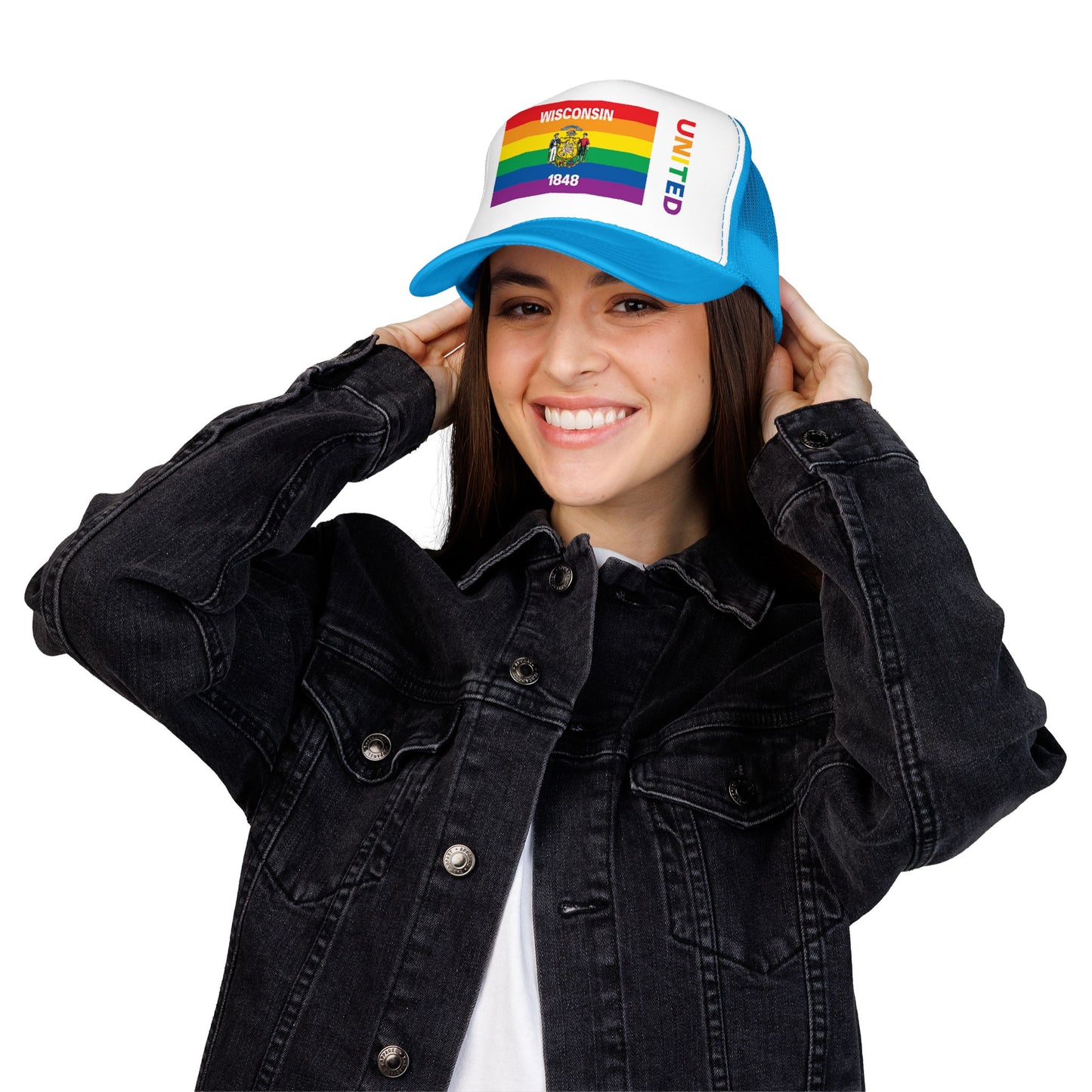 Wisconsin Rainbow Pride Flag "UNITED" Printed Foam Trucker Hat, Several Color Options