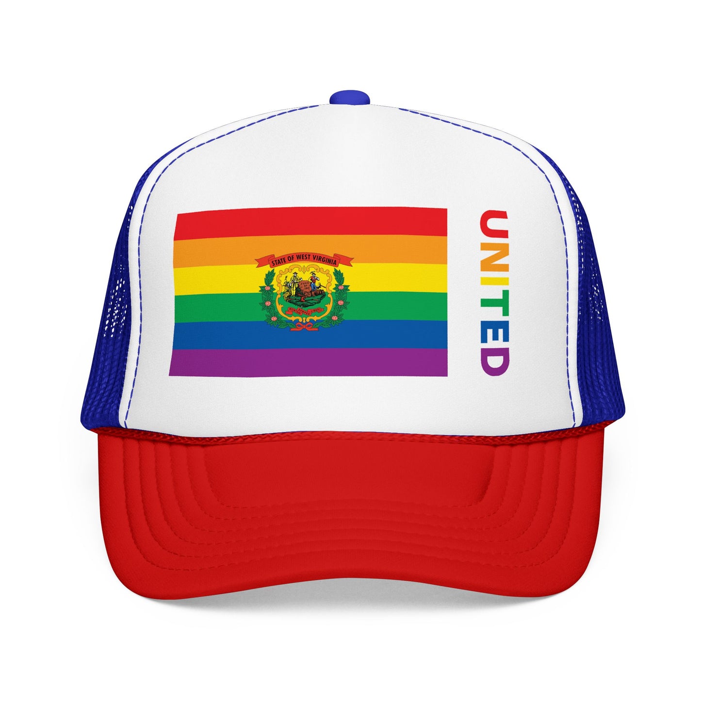 West Virginia Rainbow Pride Flag "UNITED" Printed Foam Trucker Hat, Several Color Options