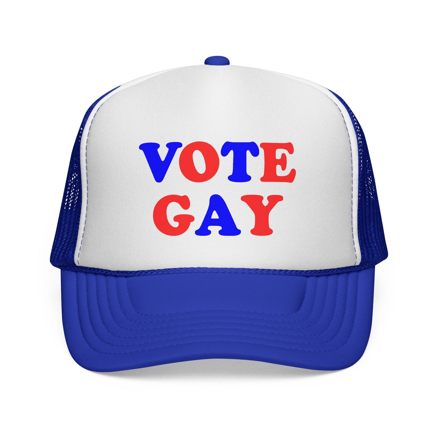 VOTE GAY Trucker Cap: Red, White & Blue — LGBTQIA+ Rights & Equality Statement Hat