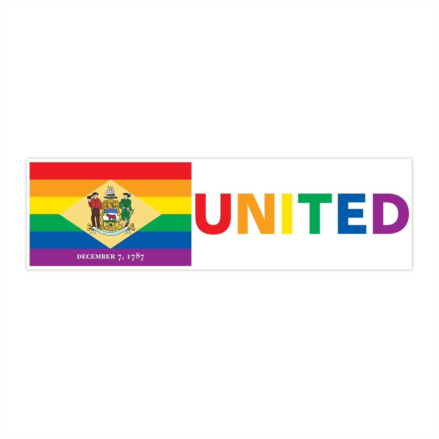 Delaware Rainbow Pride Flag "UNITED" Bumper Sticker
