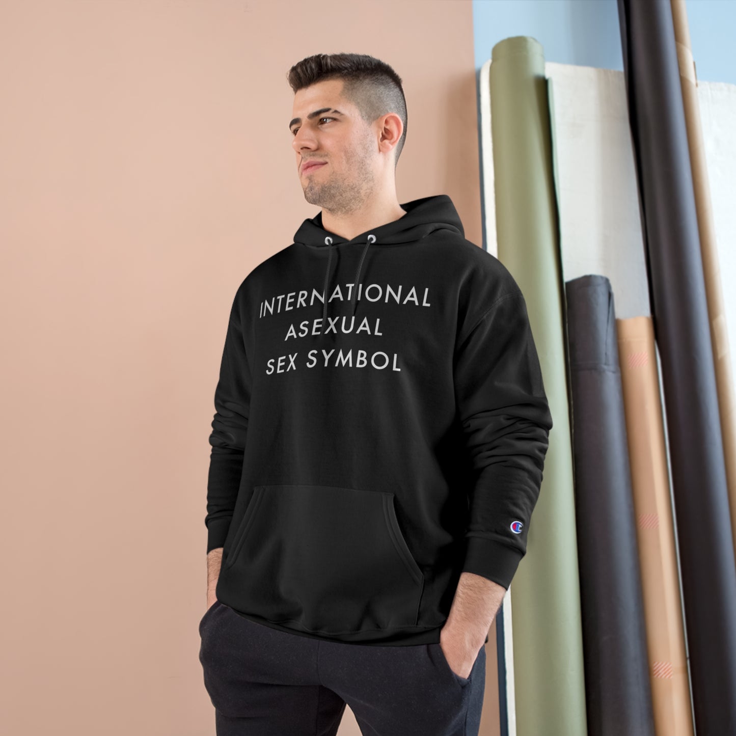 International Asexual Sex Symbol Champion Hoodie - Black and Charcoal Heather with White Deco