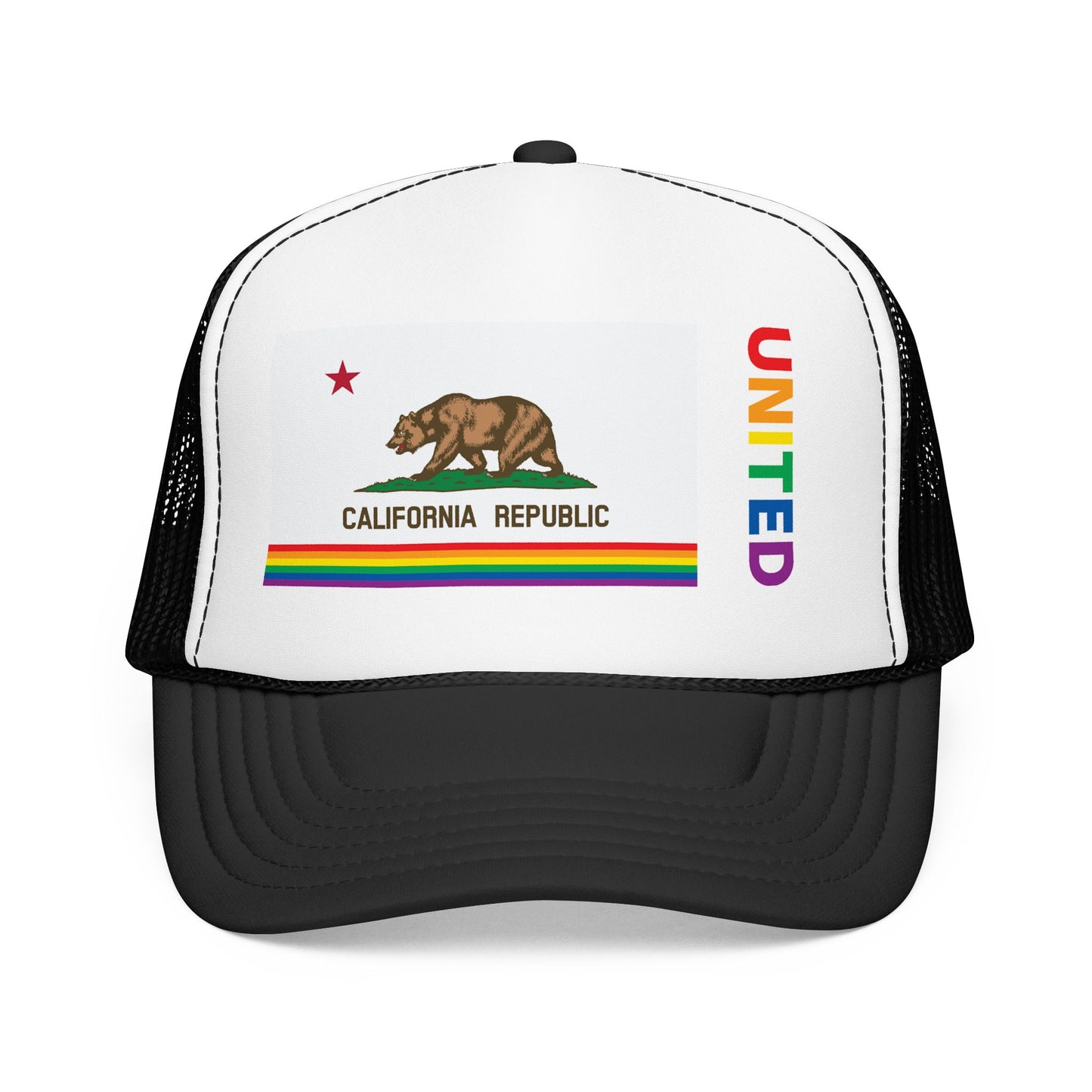 California Rainbow Pride Flag "UNITED" Printed Foam Trucker Hat, Several Color Options