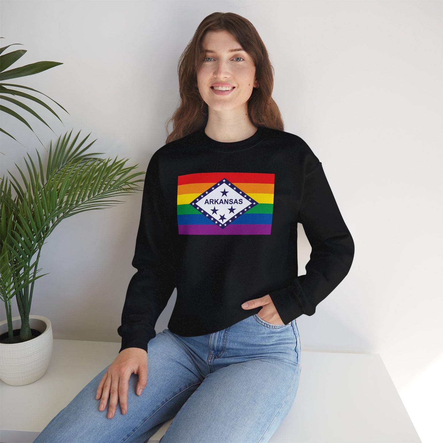 Arkansas Rainbow Pride Flag Unisex Crewneck Sweatshirt—White, Black or Light Pink