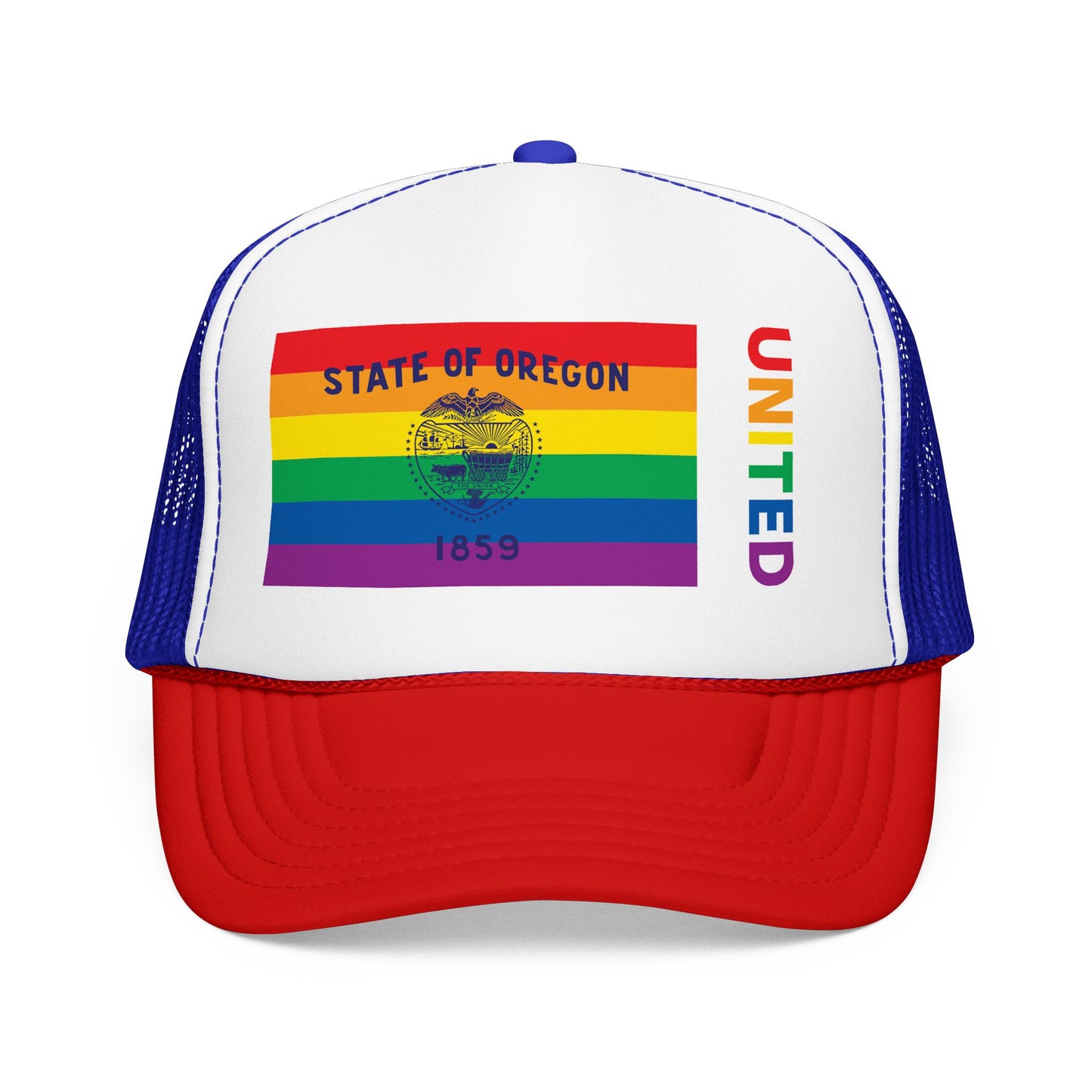 Oregon Rainbow Pride Flag "UNITED" Printed Foam Trucker Hat, Several Color Options