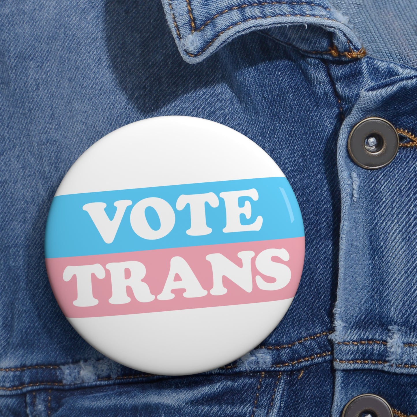 VOTE TRANS Activism Pin Button, White on Transgender Pride Colors