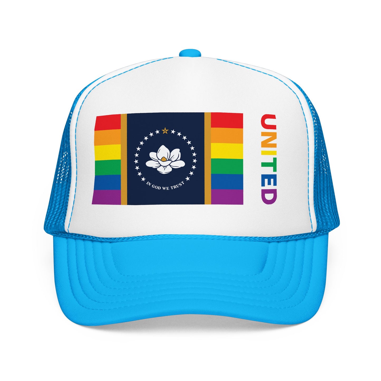 Mississippi Rainbow Pride Flag "UNITED" Printed Foam Trucker Hat, Several Color Options