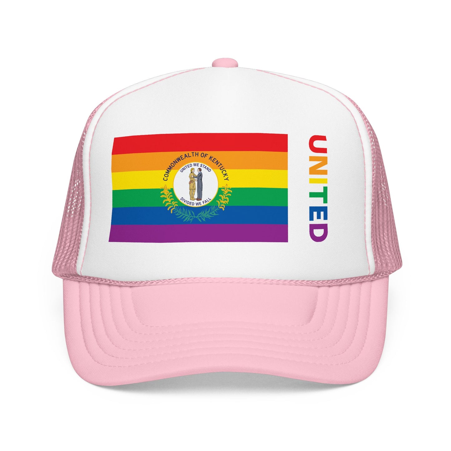 Kentucky Rainbow Pride Flag "UNITED" Printed Foam Trucker Hat, Several Color Options