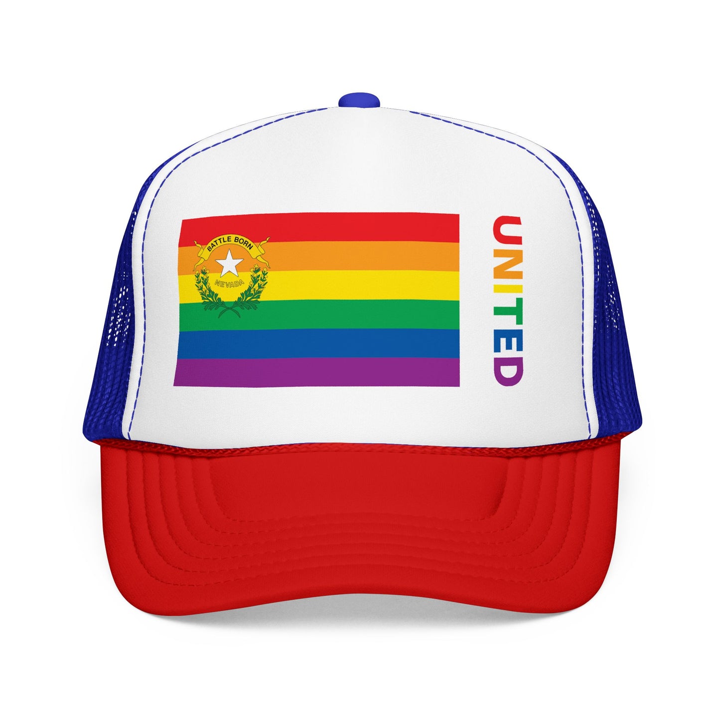 Nevada Rainbow Pride Flag "UNITED" Printed Foam Trucker Hat, Several Color Options