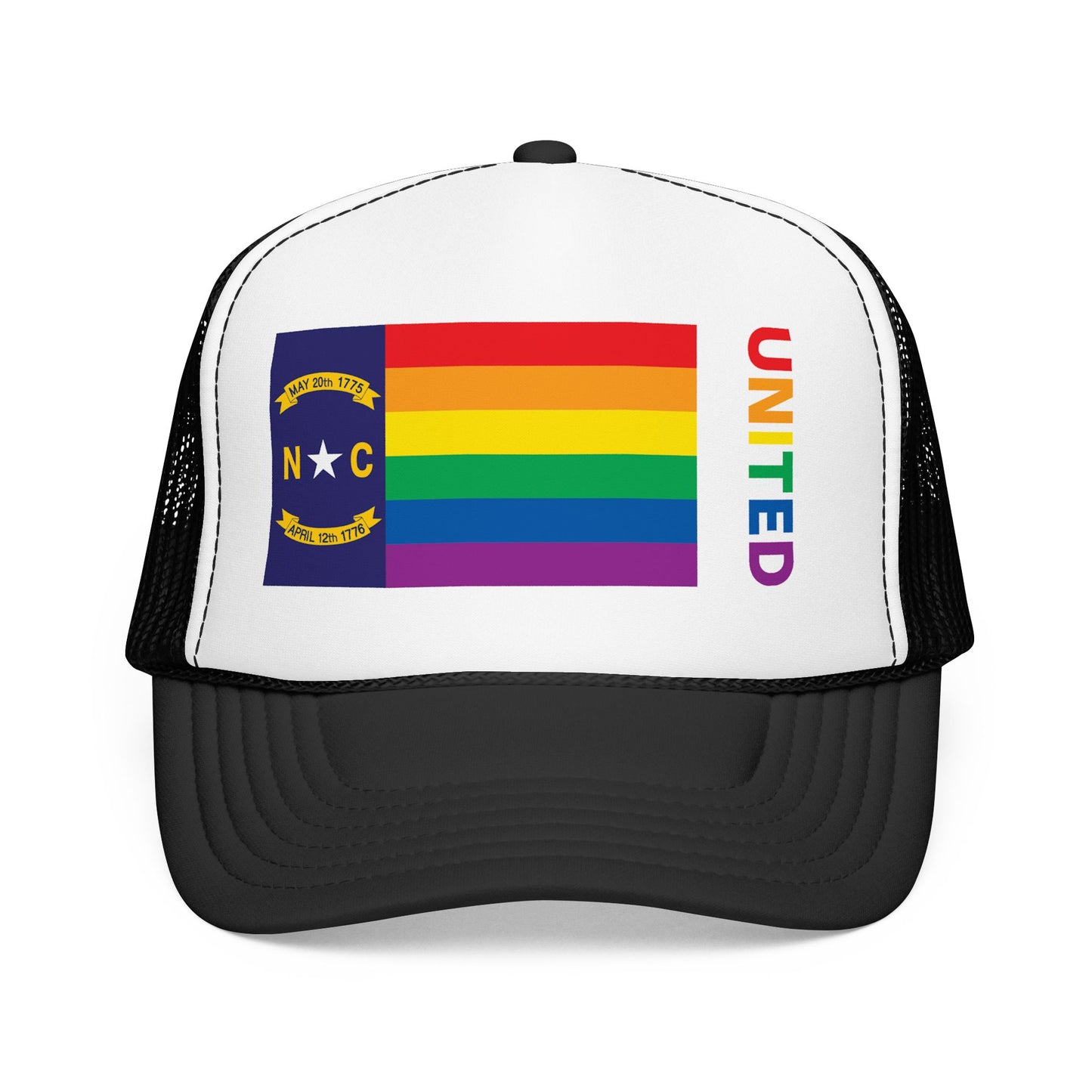 North Carolina Rainbow Pride Flag "UNITED" Printed Foam Trucker Hat, Several Color Options