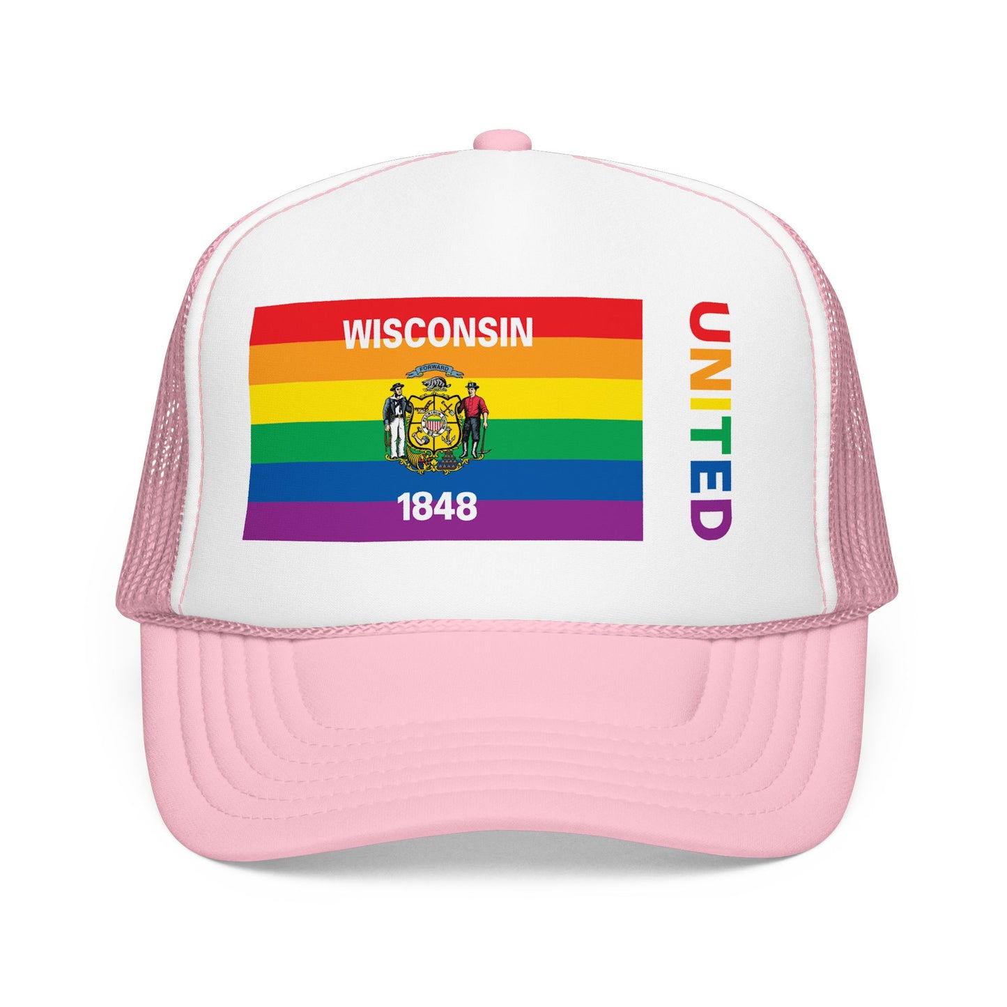Wisconsin Rainbow Pride Flag "UNITED" Printed Foam Trucker Hat, Several Color Options