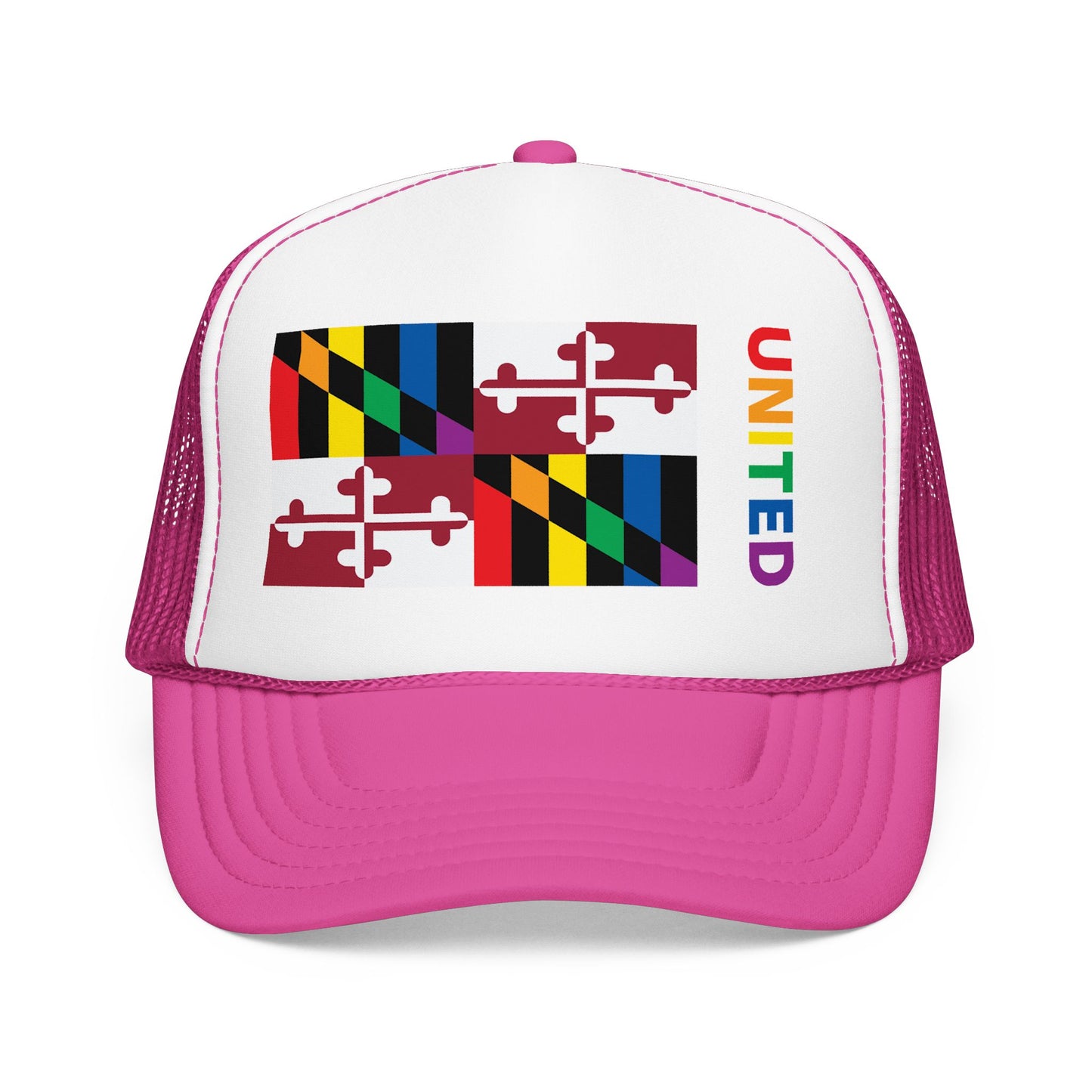 Maryland Rainbow Pride Flag "UNITED" Printed Foam Trucker Hat, Several Color Options