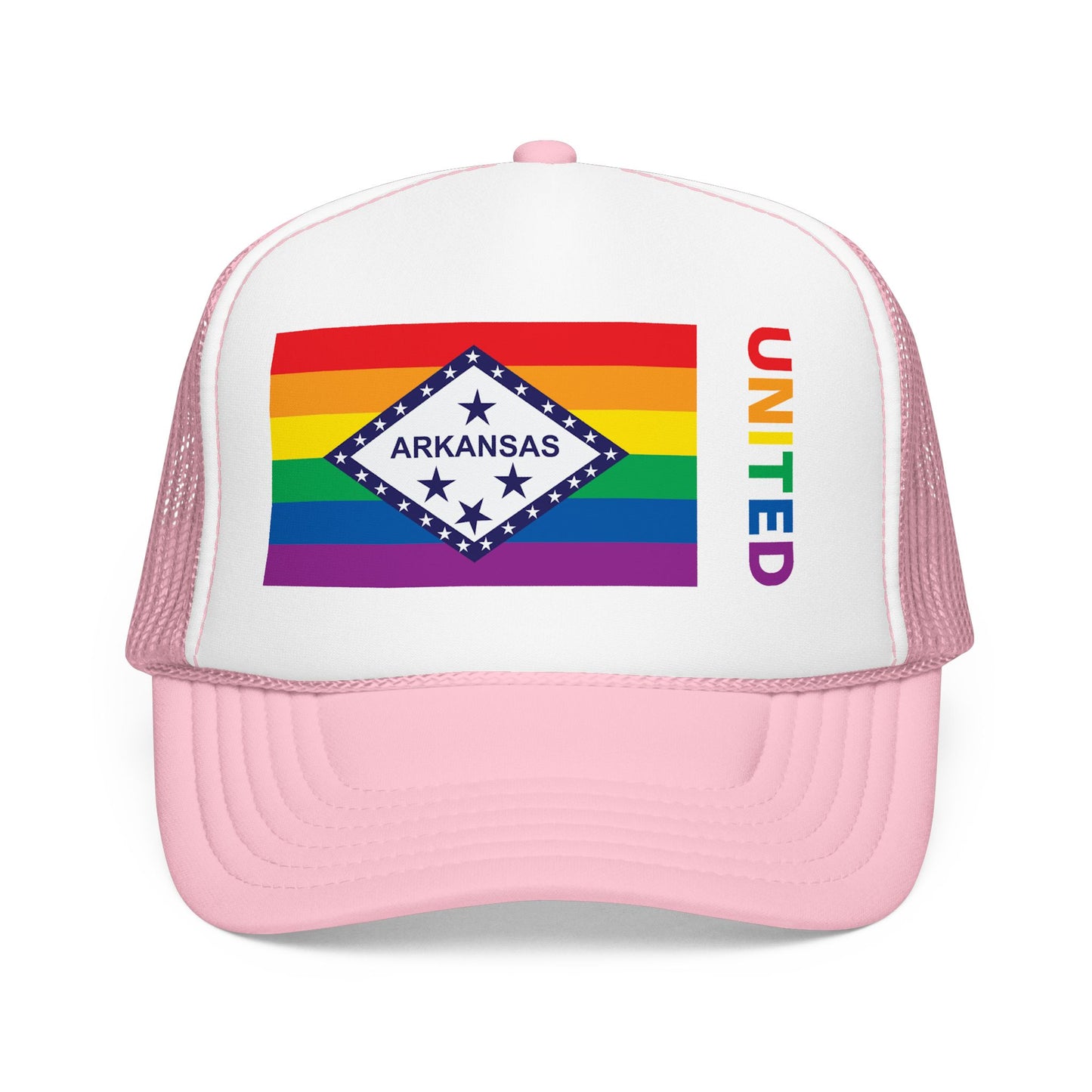 Arkansas Rainbow Pride Flag "UNITED" Printed Foam Trucker Hat, Several Color Options