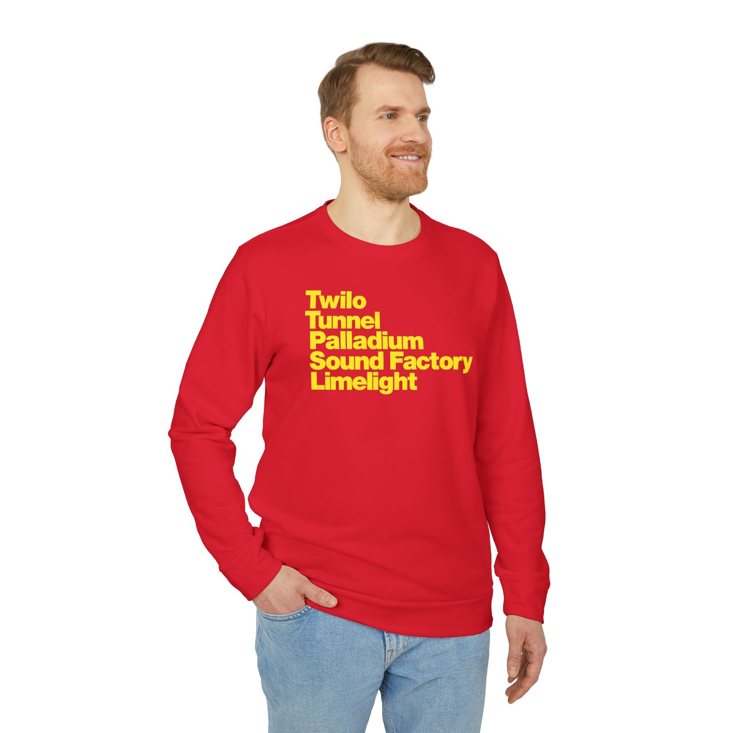 Twilo Tunnel Limelight Palladium Sound Factory Adidas® Fleece Crewneck Sweatshirt - NYC 90s Nightlife Collection - Yellow Deco on Red