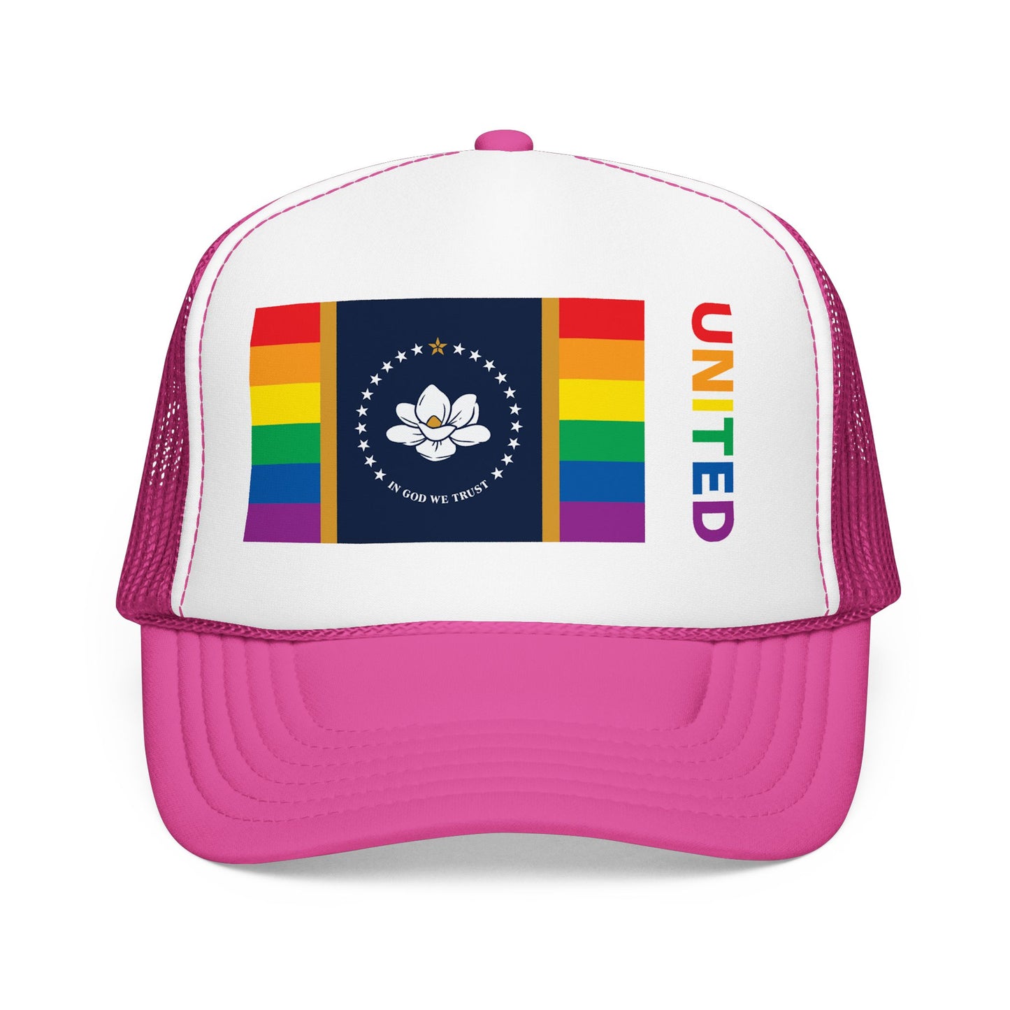 Mississippi Rainbow Pride Flag "UNITED" Printed Foam Trucker Hat, Several Color Options