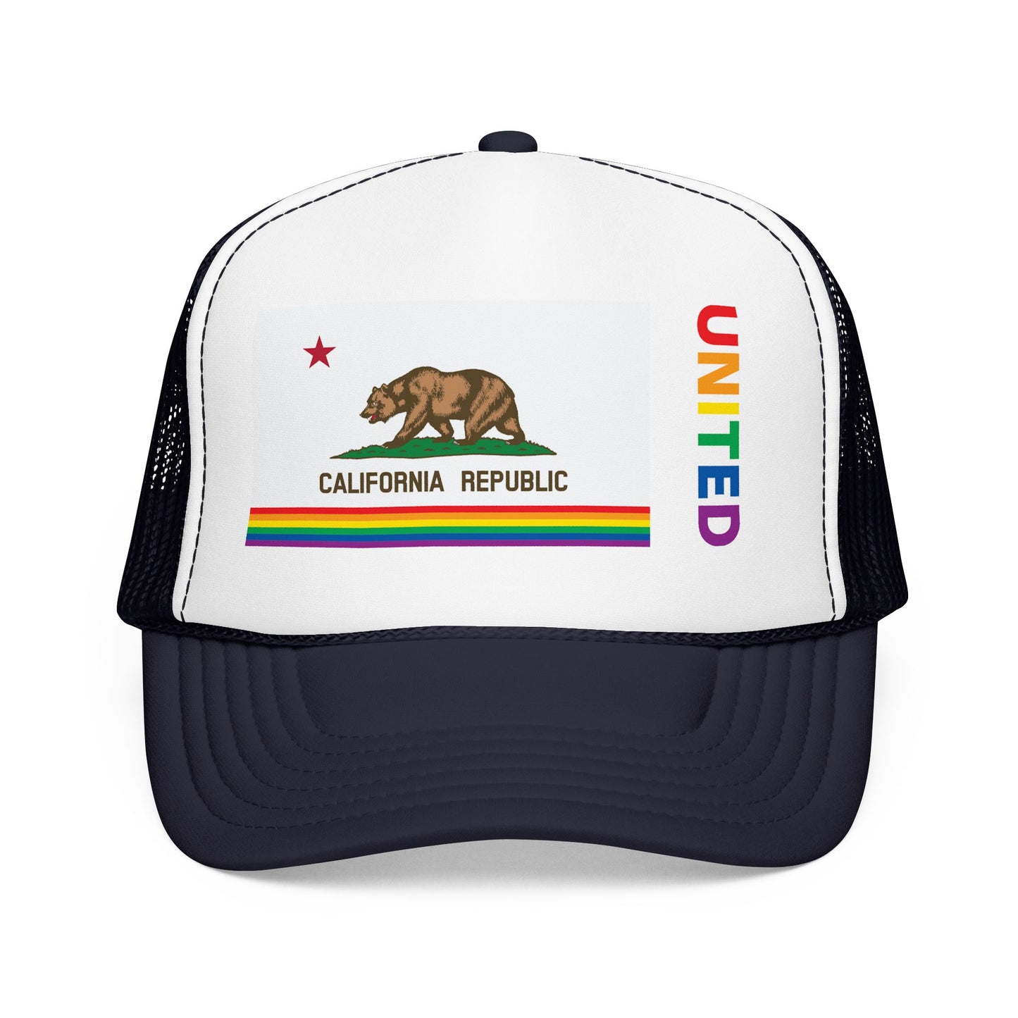 California Rainbow Pride Flag "UNITED" Printed Foam Trucker Hat, Several Color Options