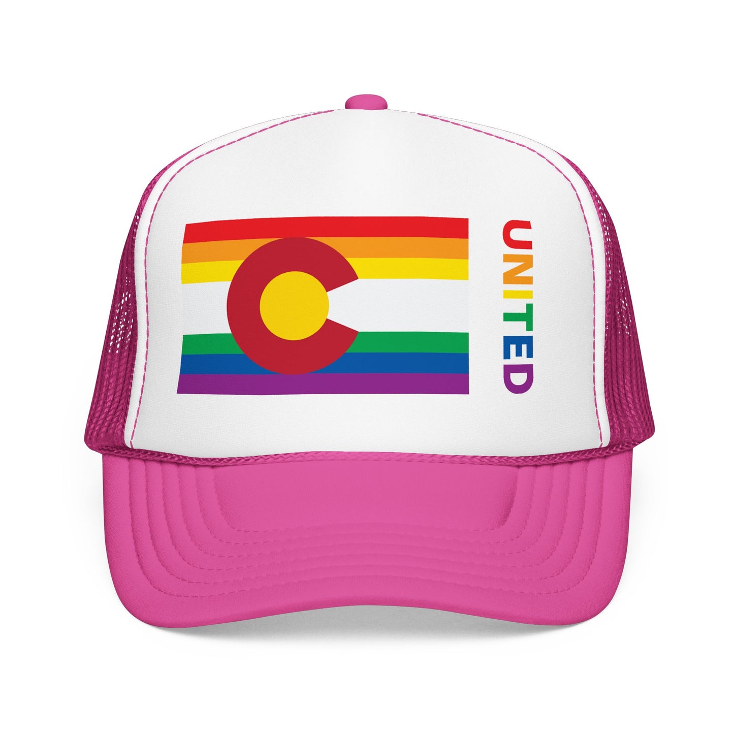 Colorado Rainbow Pride Flag "UNITED" Printed Foam Trucker Hat, Several Color Options