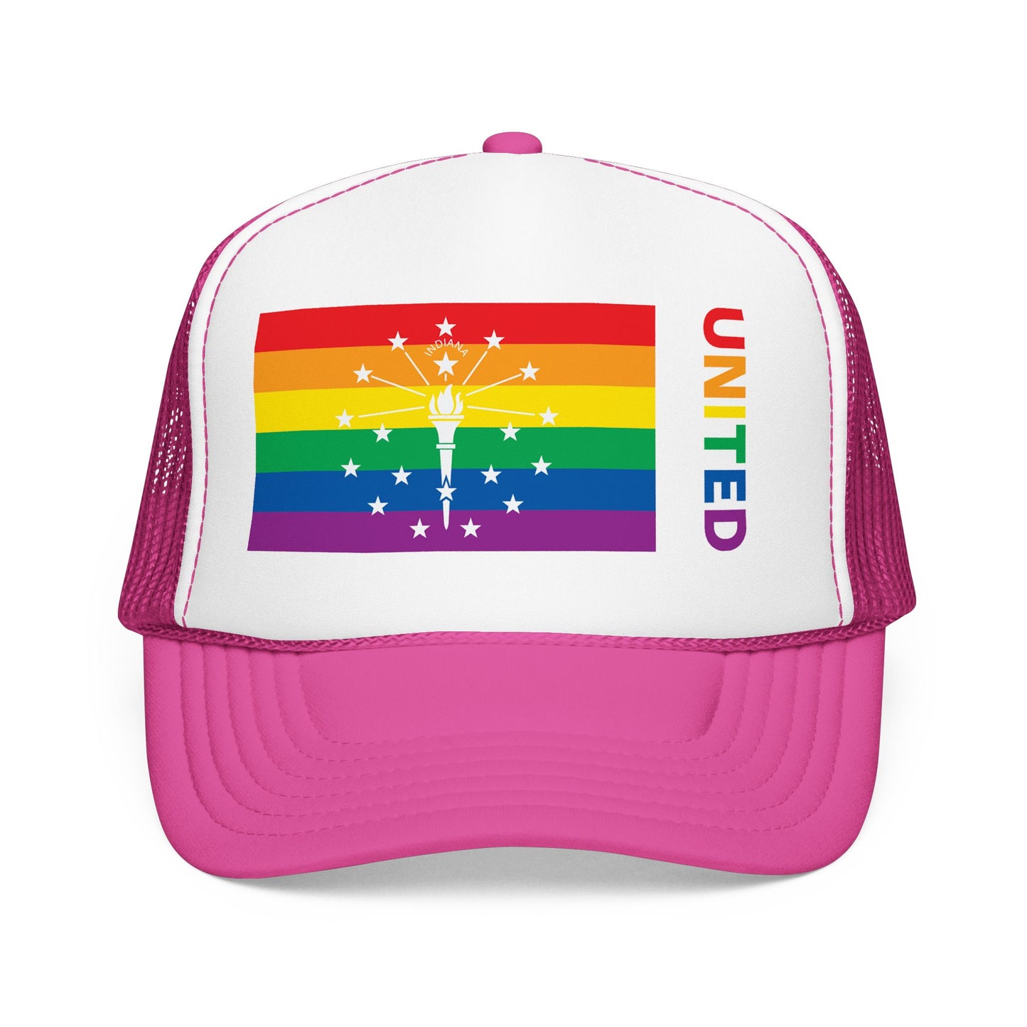 Indiana Rainbow Pride Flag "UNITED" Printed Foam Trucker Hat, Several Color Options