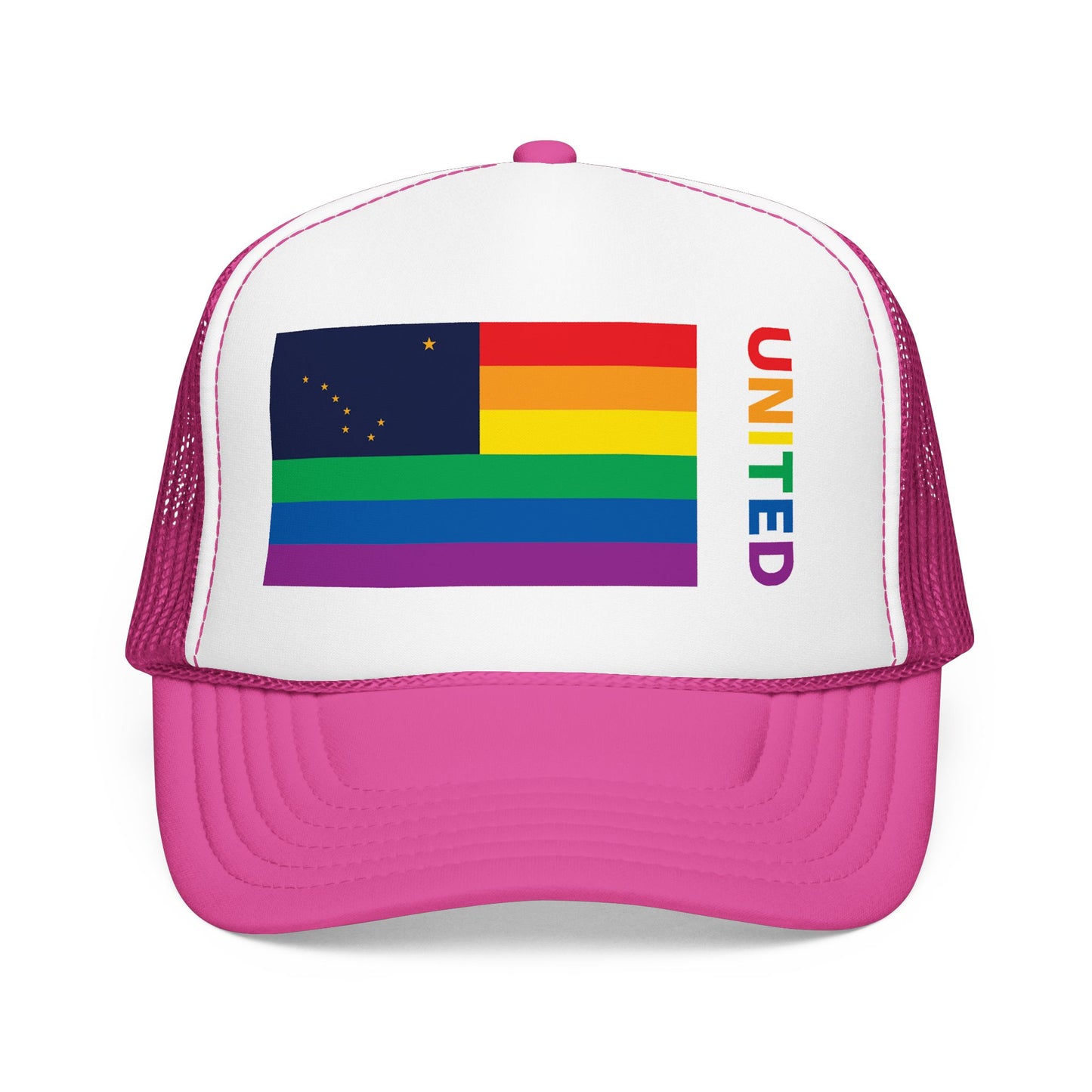 Alaska Rainbow Pride Flag "UNITED" Printed Foam Trucker Hat, Several Color Options