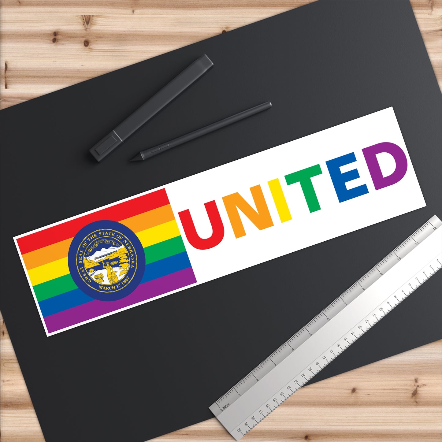 Nebraska Rainbow Pride Flag "UNITED" Bumper Sticker