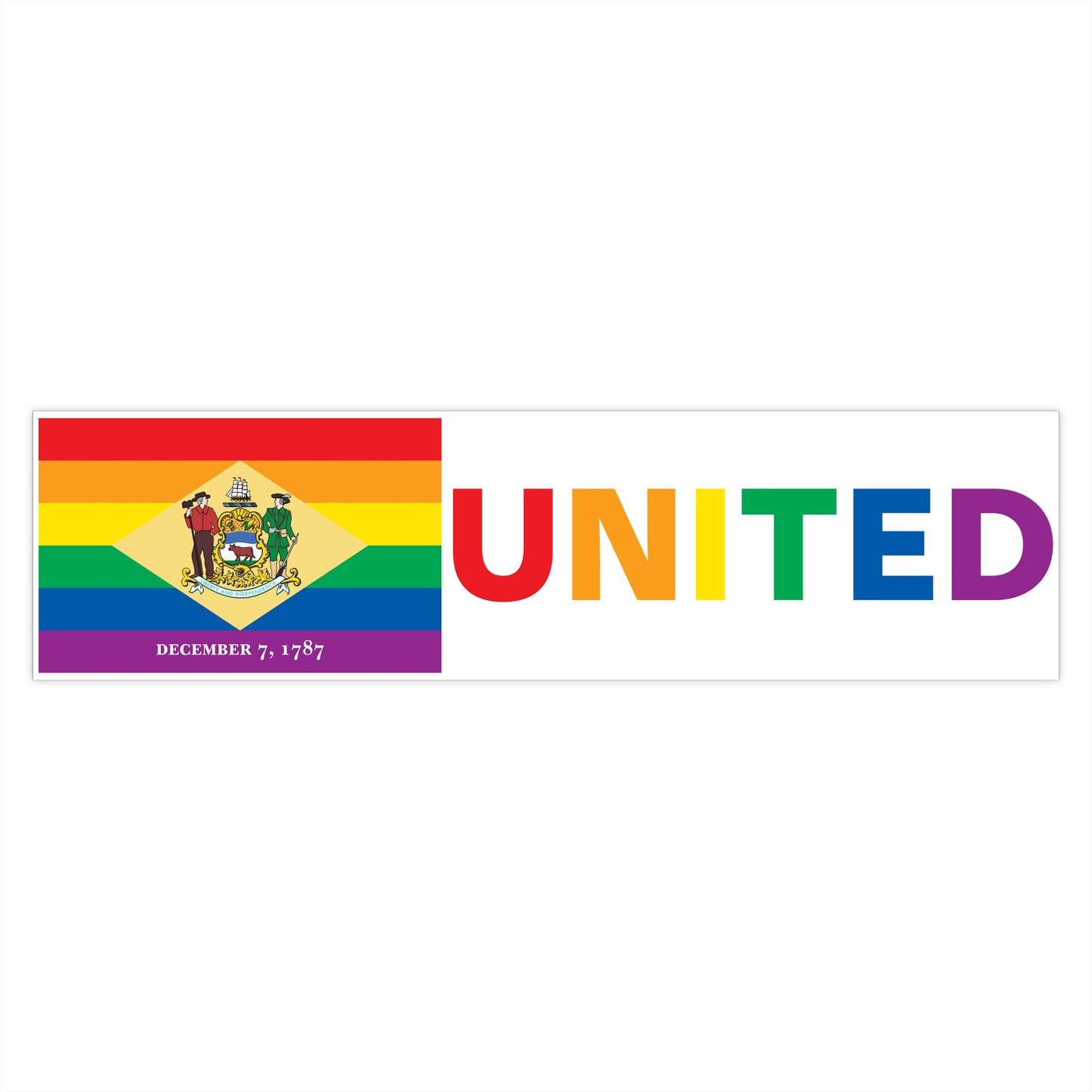 Delaware Rainbow Pride Flag "UNITED" Bumper Sticker