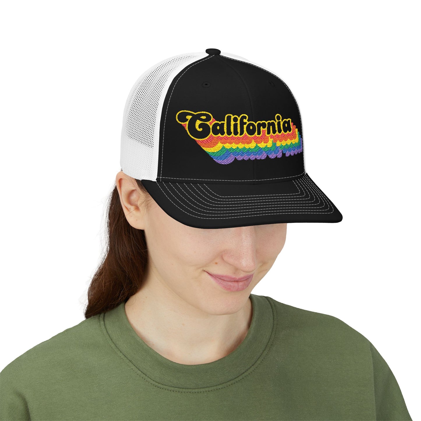 California Retro Rainbow Stack Embroidered Trucker, Snapback Trucker Cap, Black front with White mesh in back