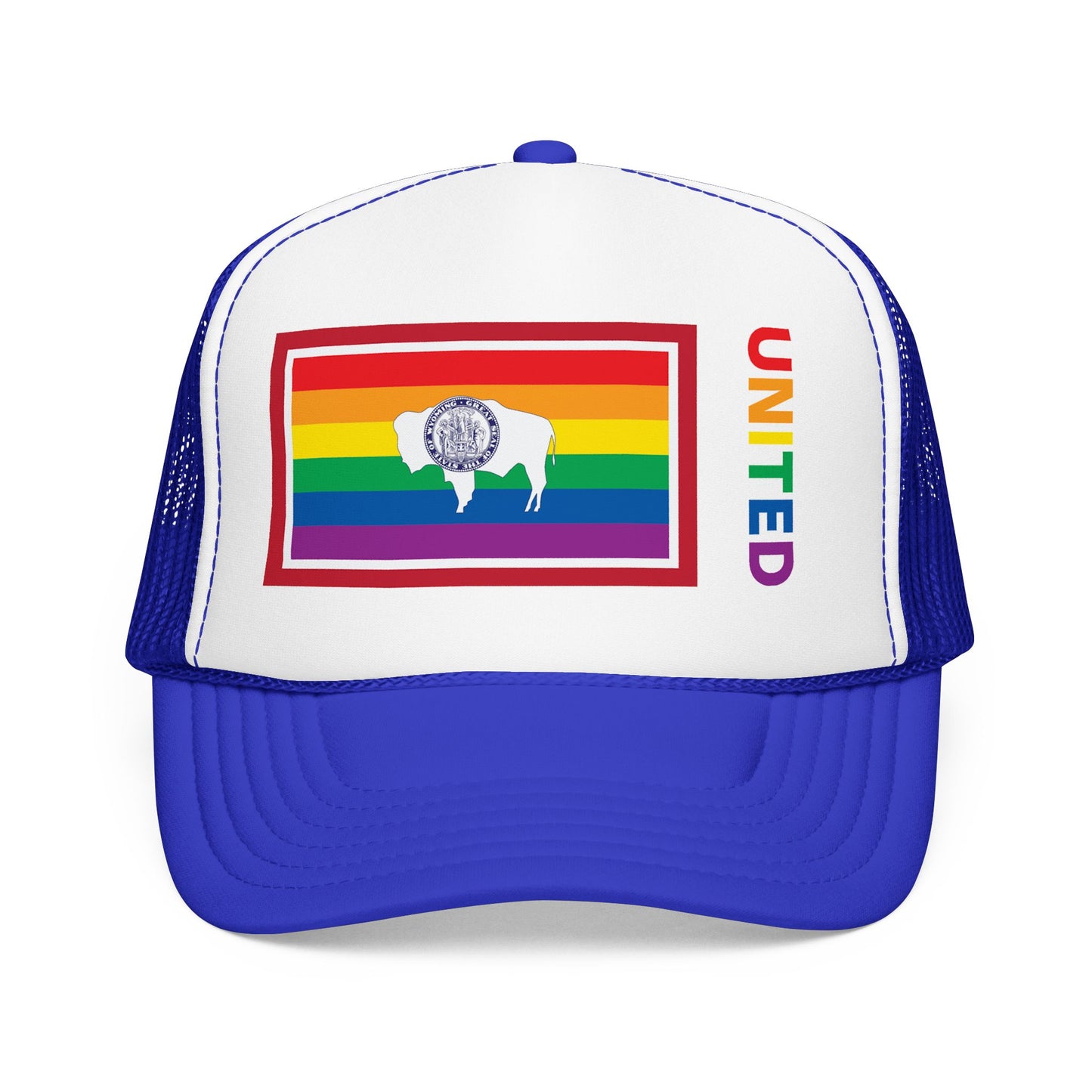 Wyoming Rainbow Pride Flag "UNITED" Printed Foam Trucker Hat, Several Color Options