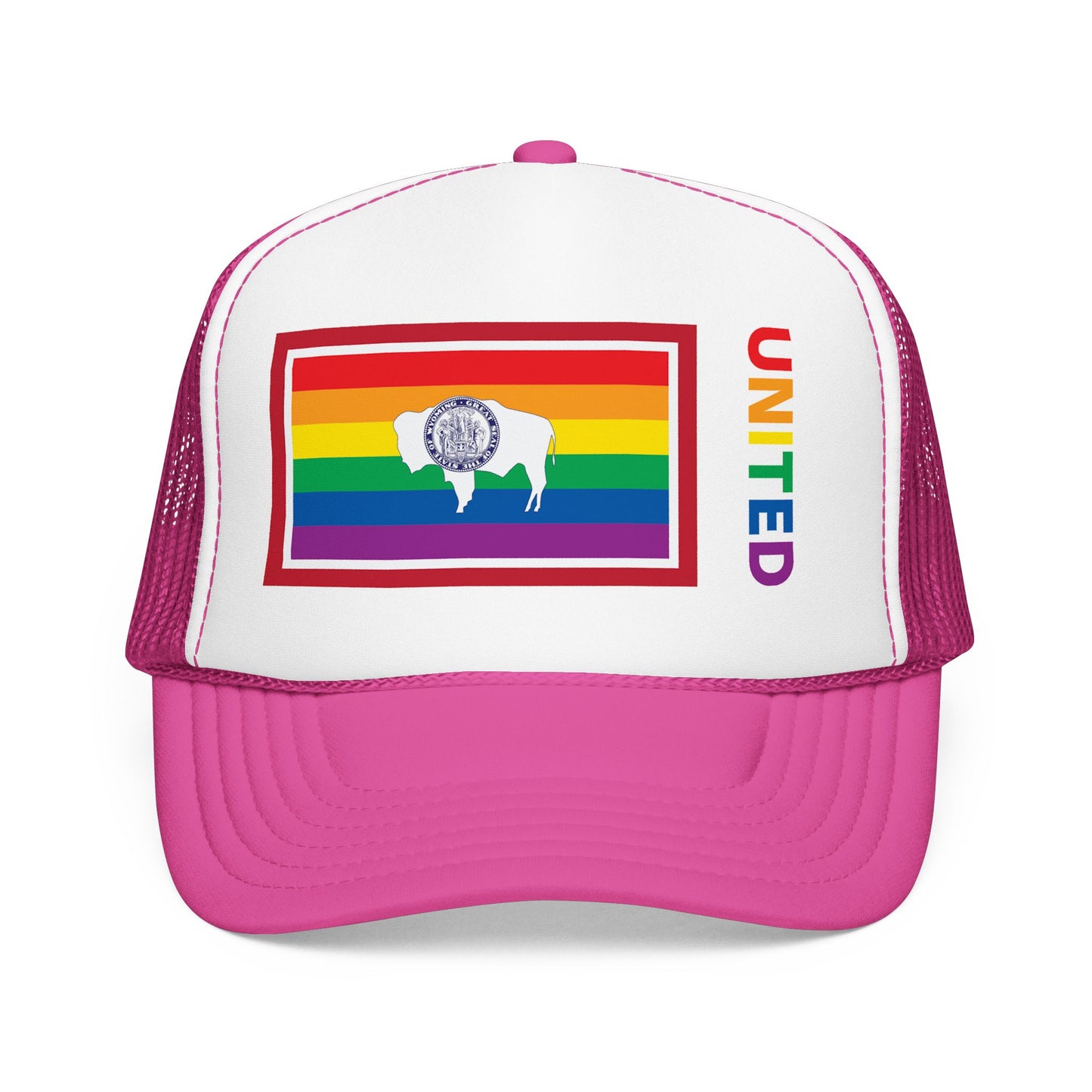 Wyoming Rainbow Pride Flag "UNITED" Printed Foam Trucker Hat, Several Color Options