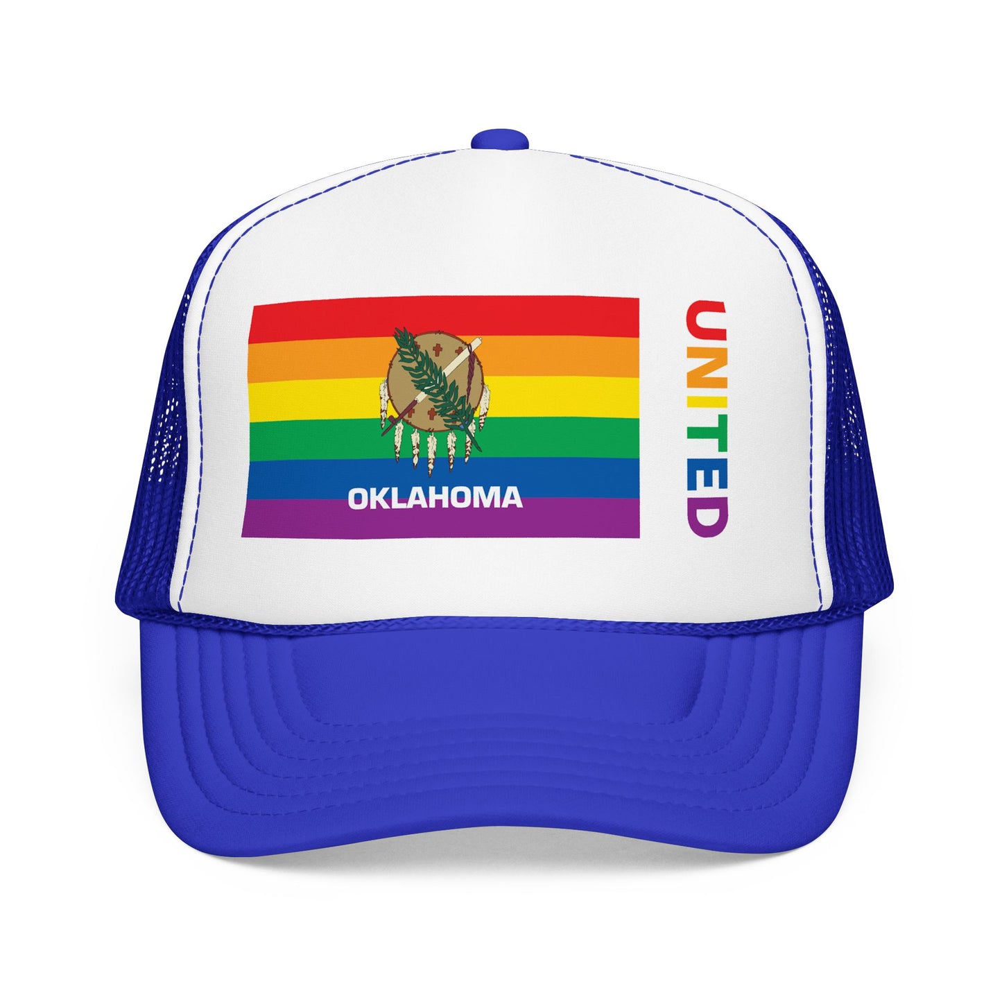Oklahoma Rainbow Pride Flag "UNITED" Printed Foam Trucker Hat, Several Color Options