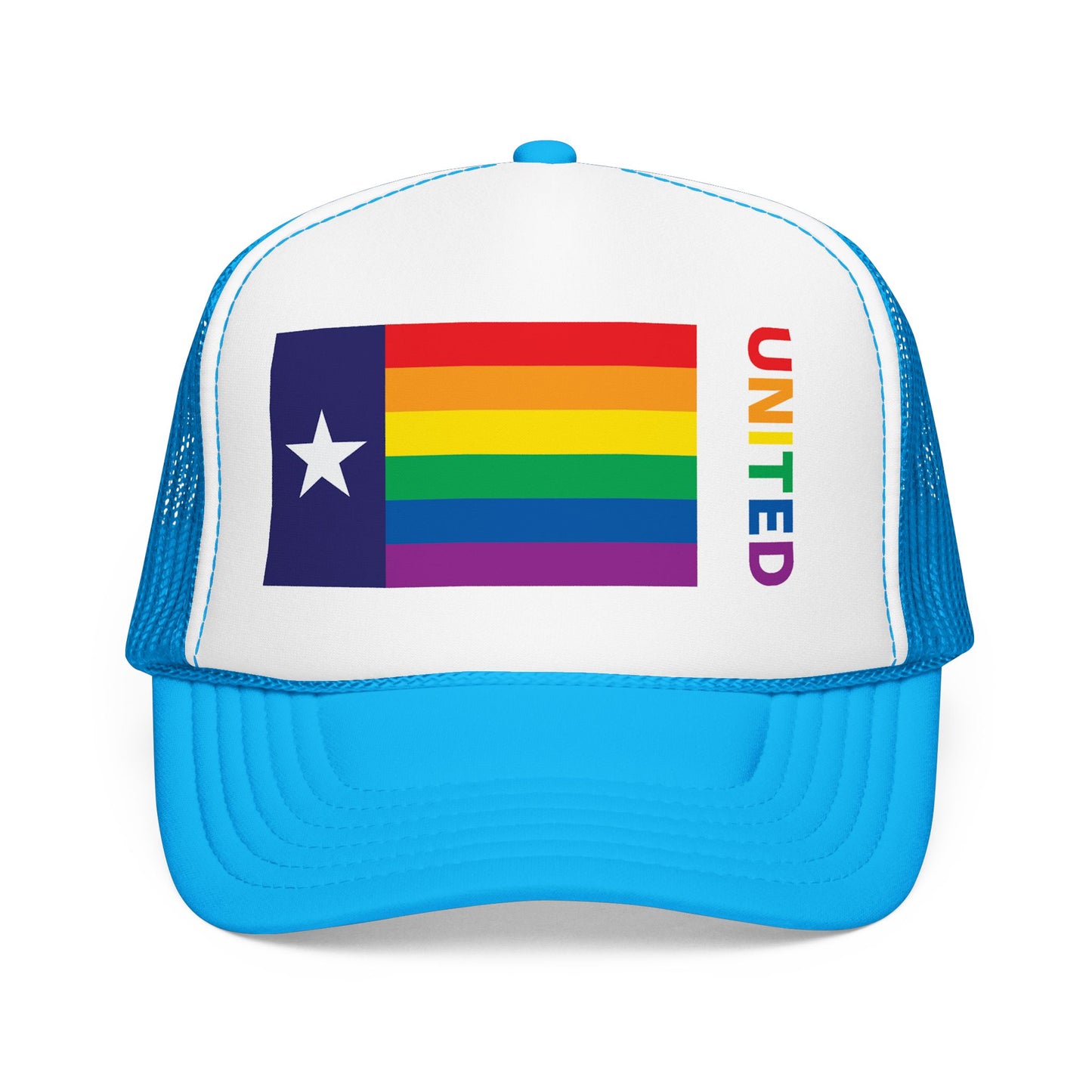 Texas Rainbow Pride Flag "UNITED" Printed Foam Trucker Hat, Several Color Options