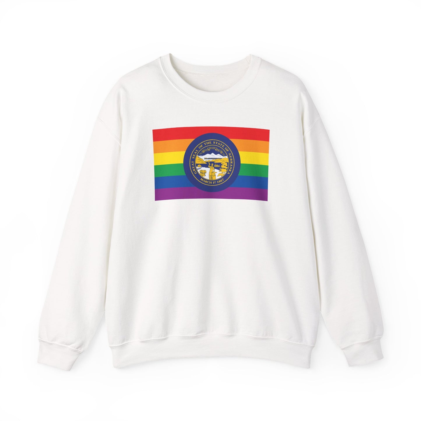 Nebraska Rainbow Pride Flag Unisex Crewneck Sweatshirt—White, Black or Light Pink