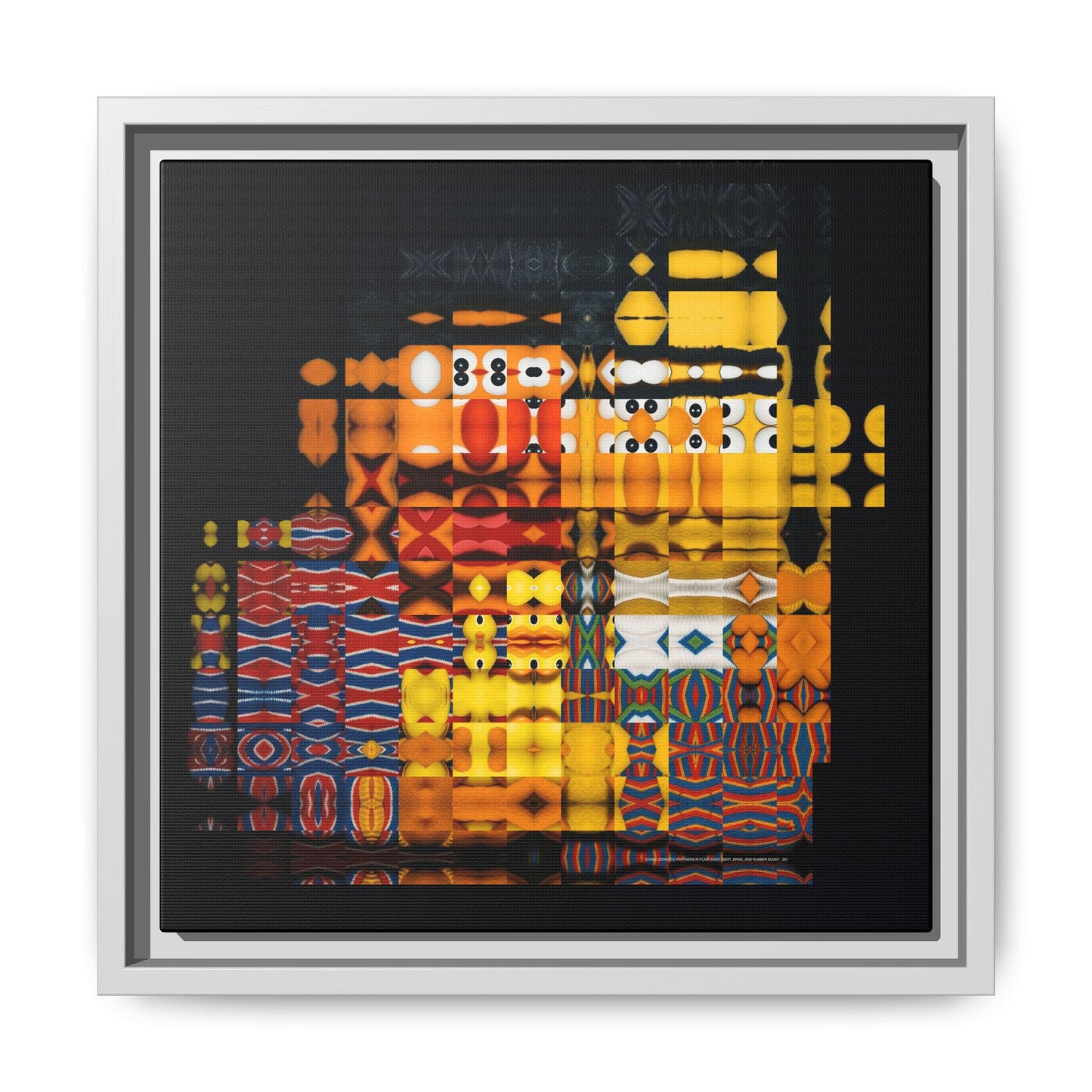 Iconic Domestic Partners in Plain Sight: Bert, Ernie, and Rubber Ducky Abstract Portrait Collage Art — Matte Canvas, Framed (Multi-color options)