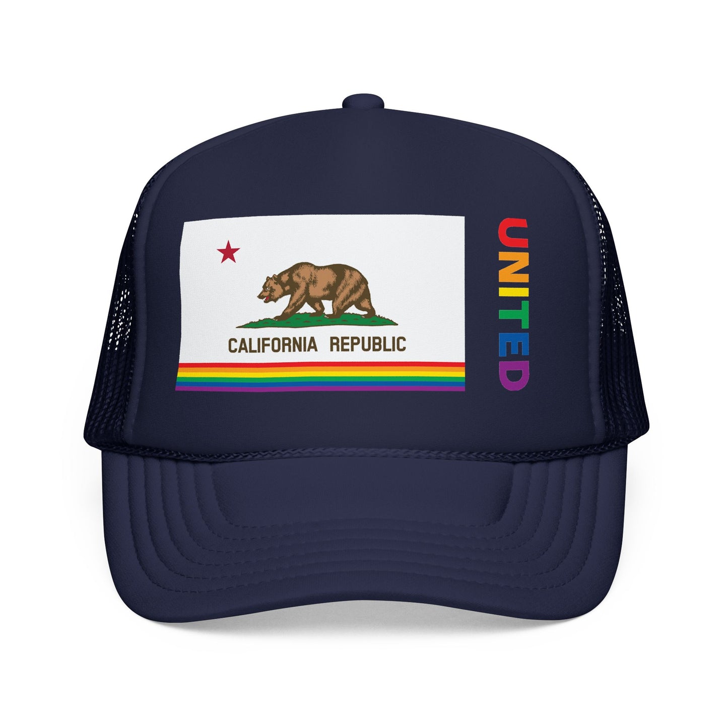 California Rainbow Pride Flag "UNITED" Printed Foam Trucker Hat, Several Color Options