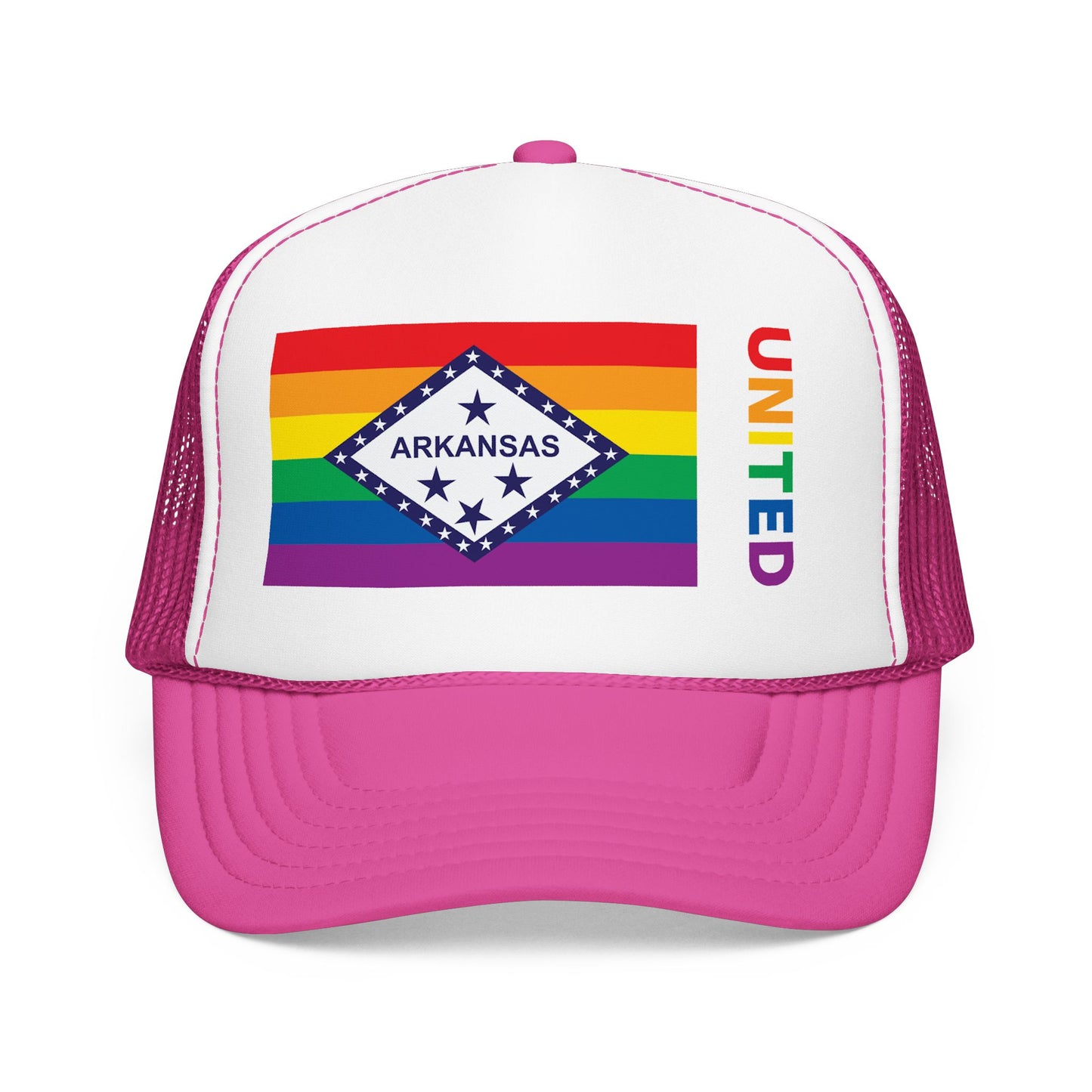 Arkansas Rainbow Pride Flag "UNITED" Printed Foam Trucker Hat, Several Color Options