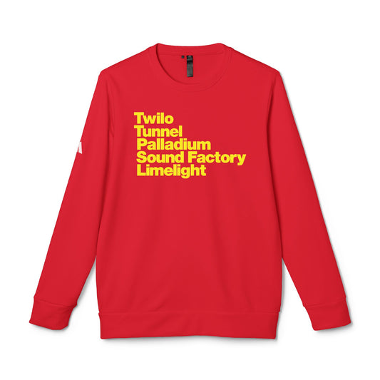 Twilo Tunnel Limelight Palladium Sound Factory Adidas® Fleece Crewneck Sweatshirt - NYC 90s Nightlife Collection - Yellow Deco on Red