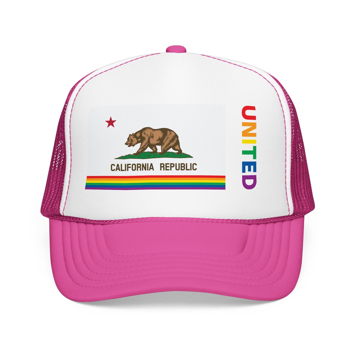 California Rainbow Pride Flag "UNITED" Printed Foam Trucker Hat, Several Color Options